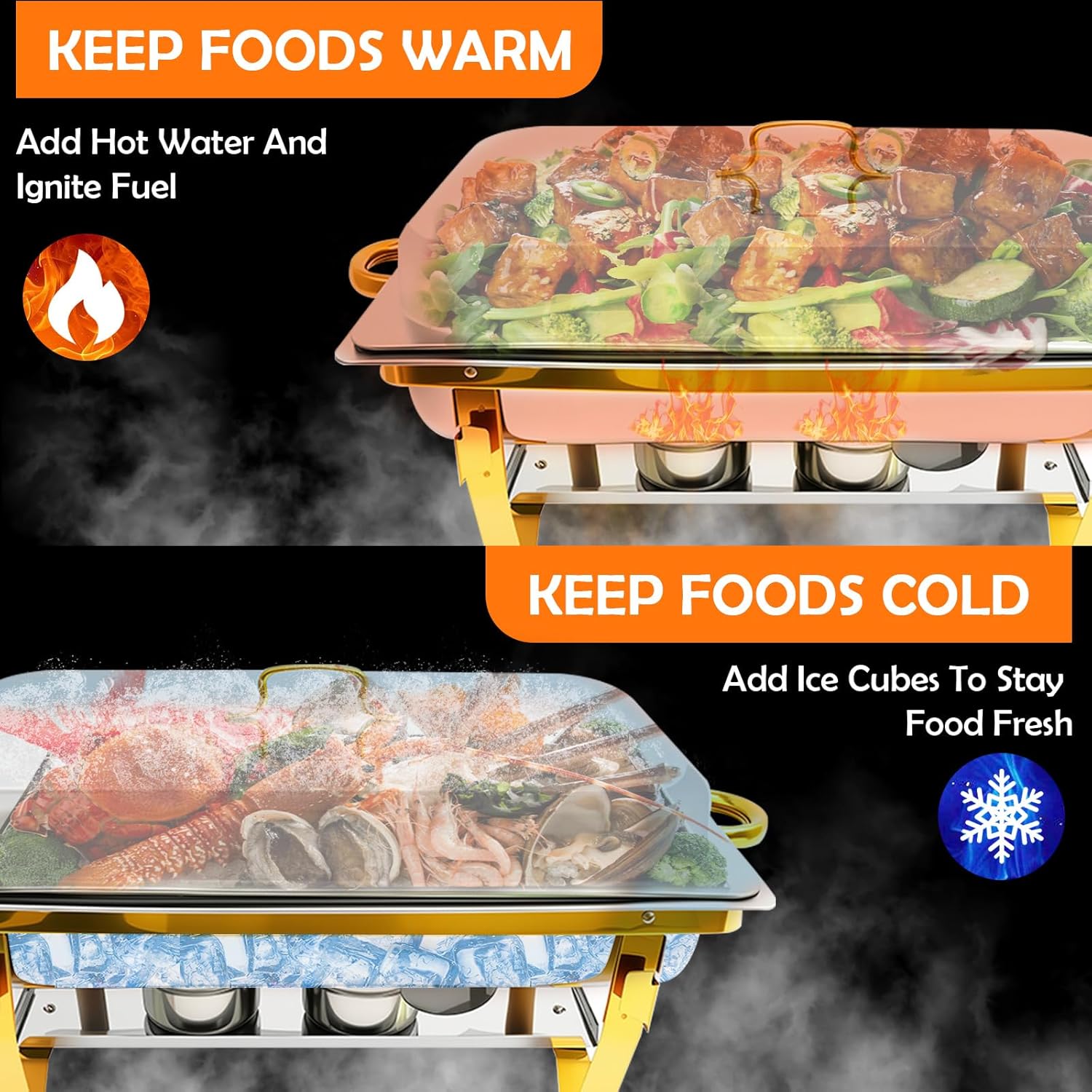 ALSO GO Chafing Dish Buffet Set 9QT 4 Pack, Gold Chafing Dishes for Buffet with 4 Serving Tongs, Buffet Set Full Size Large Serving Chafing Dishes, Warming Food Tray for Catering & New Year Parties - Image 4