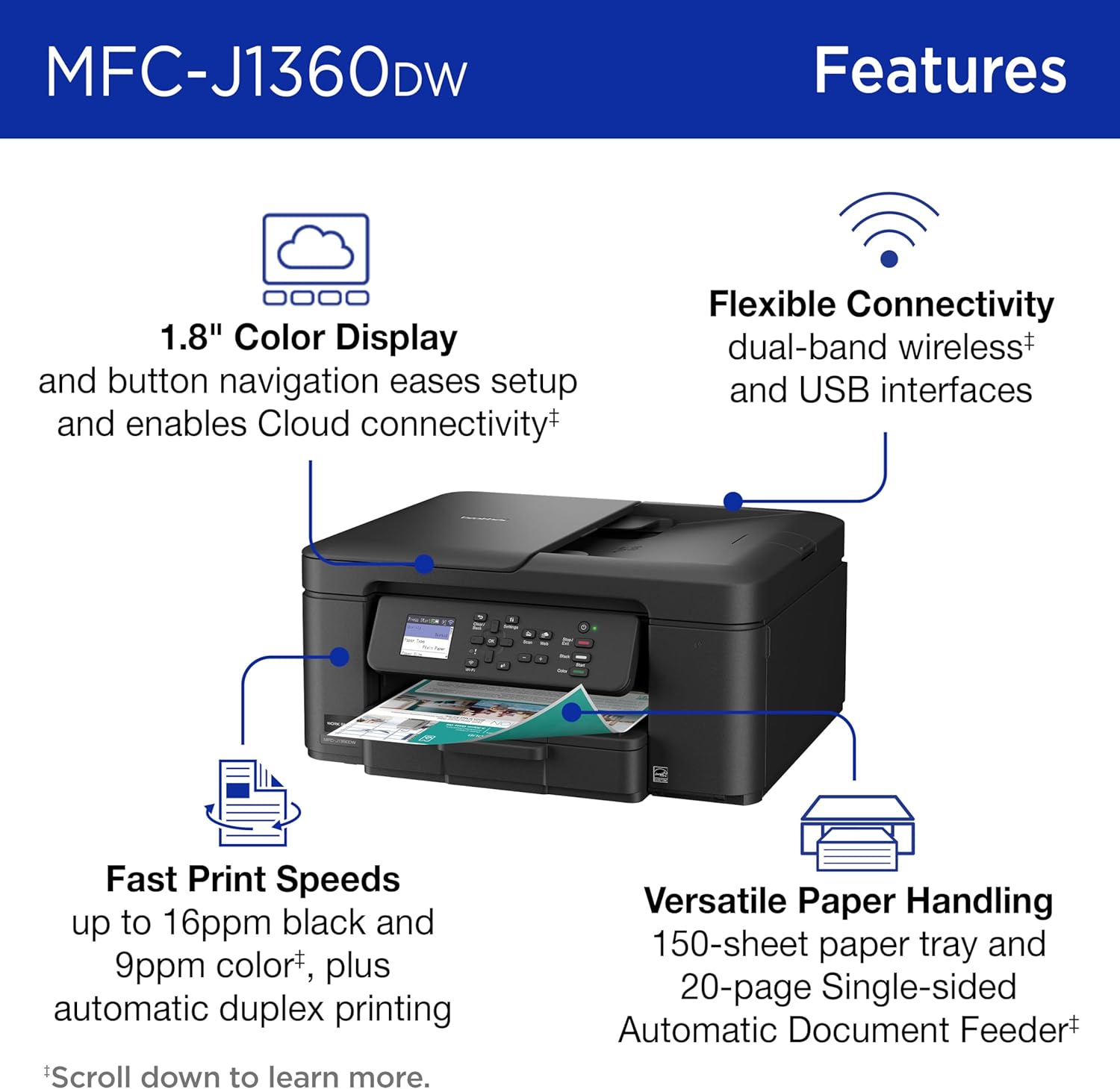 Brother Work Smart 1360 Wireless Color Inkjet All-in-One Printer with Automatic Duplex Printing and 1.8” Color Display | Includes Refresh Subscription Trial(1) (MFC-J1360DW) (Uses LC501 Series Inks) - Image 4