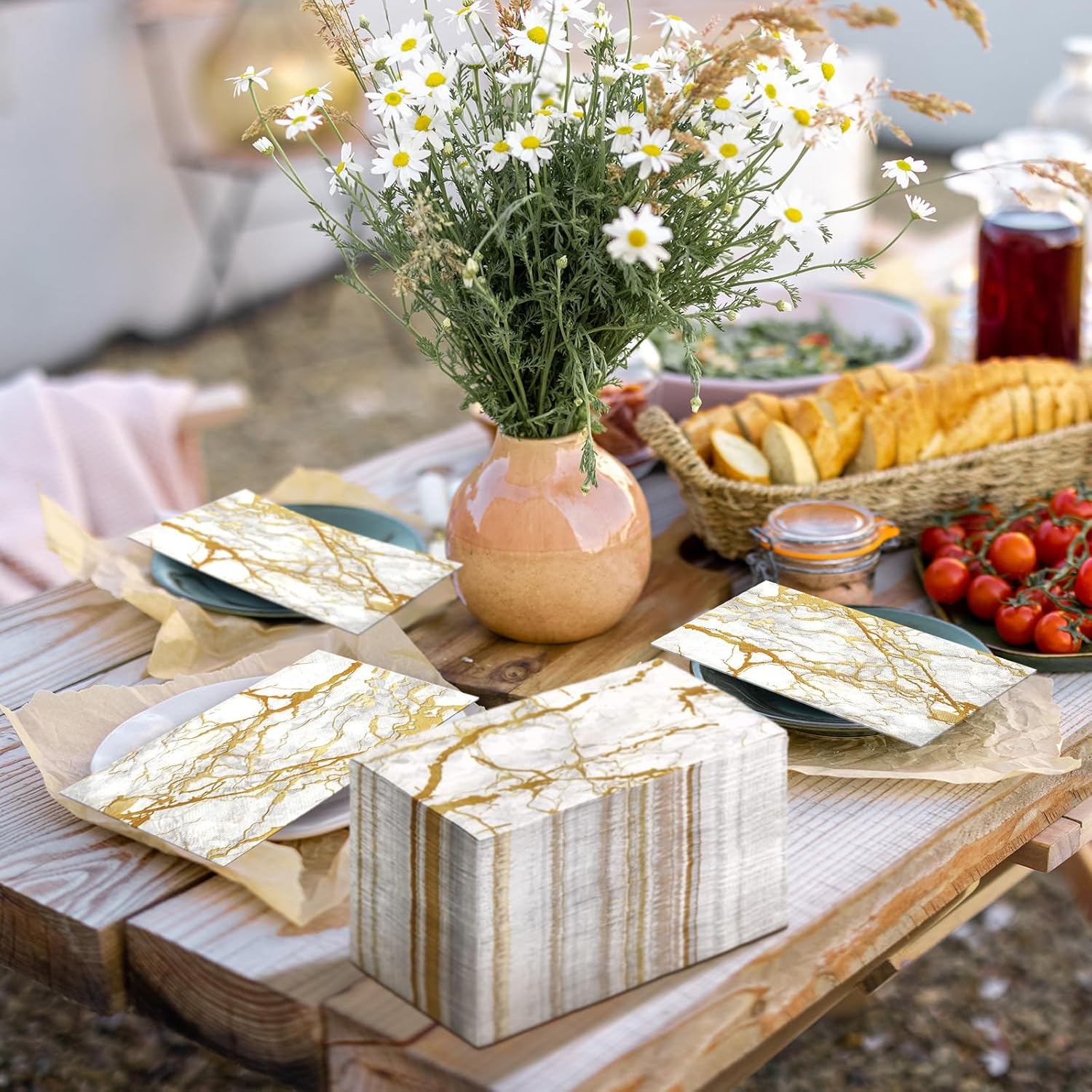 Geyoga 100 Pcs Marble Guest Napkins 2 Ply Disposable Guest Bathroom Paper Napkins Black Gold Marbleized Hand Towels for Home Bathroom Kitchen Table Decor (White Gold) - Image 2