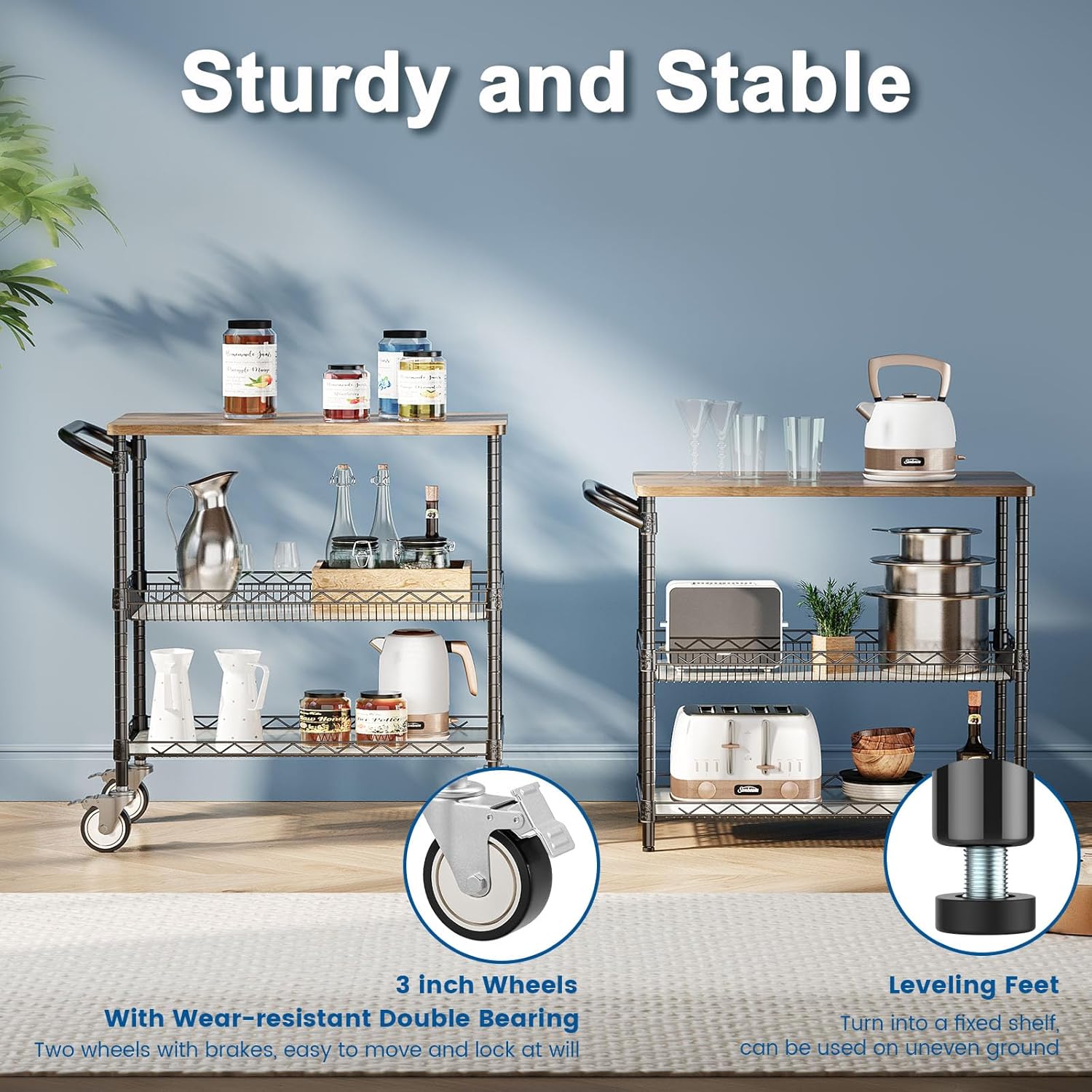 Leteuke Rolling Kitchen Carts with Wheels, 34" L x 17.5" W, 3-Tier Heavy Duty Utility Cart with Wood Tabletop, NSF Commercial Metal Serving Cart with Handle and Shelf Liner for Kitchen, Black - Image 7