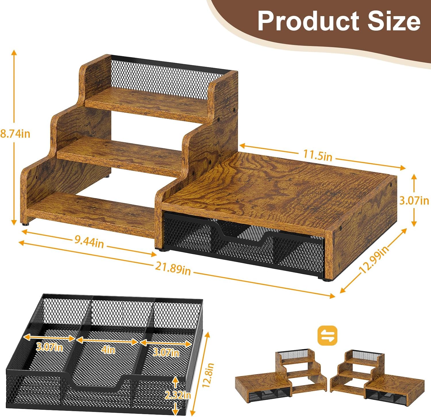 Coffee Station Organizer with K Cup Holder, 28 Pod Capacity,3-Tier Syrup Rack with Coffee Pod Holder Drawer, Coffee Bar organizer Countertop for Accessories,Rustic Brown - Image 3