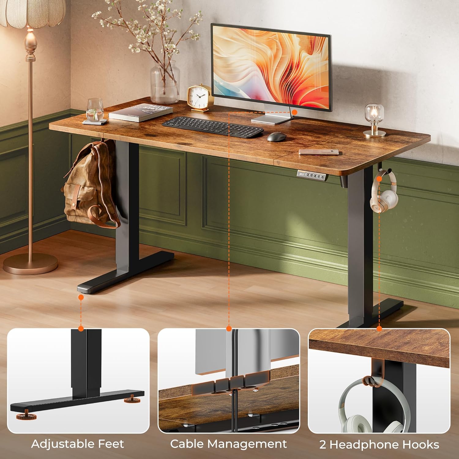 Huuger 55 x 28 Large Electric Standing Desk, Height Adjustable Computer Desk, 27.6" Deep Desktop, Stand up Gaming Office Desk with 2 Hooks, 3 Preset Heights, for Home Office, Rustic Brown - Image 7