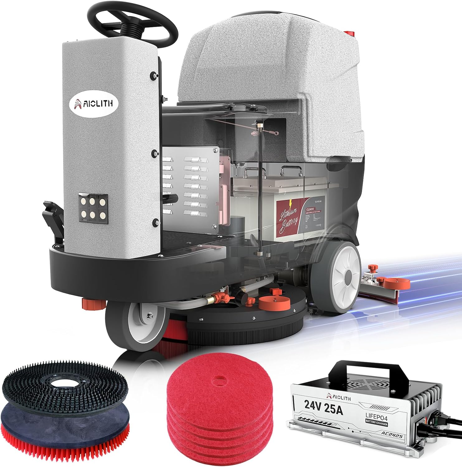 Micro Ride-On Floor Scrubber Dryer Kit, 22" Clean, 25 Gal, up to 55,000 ft²/h, Lithium Battery, Fast Charge, All Parts, Commercial Floor Cleaning for Daily Maintenance in Airport, Mall, School
