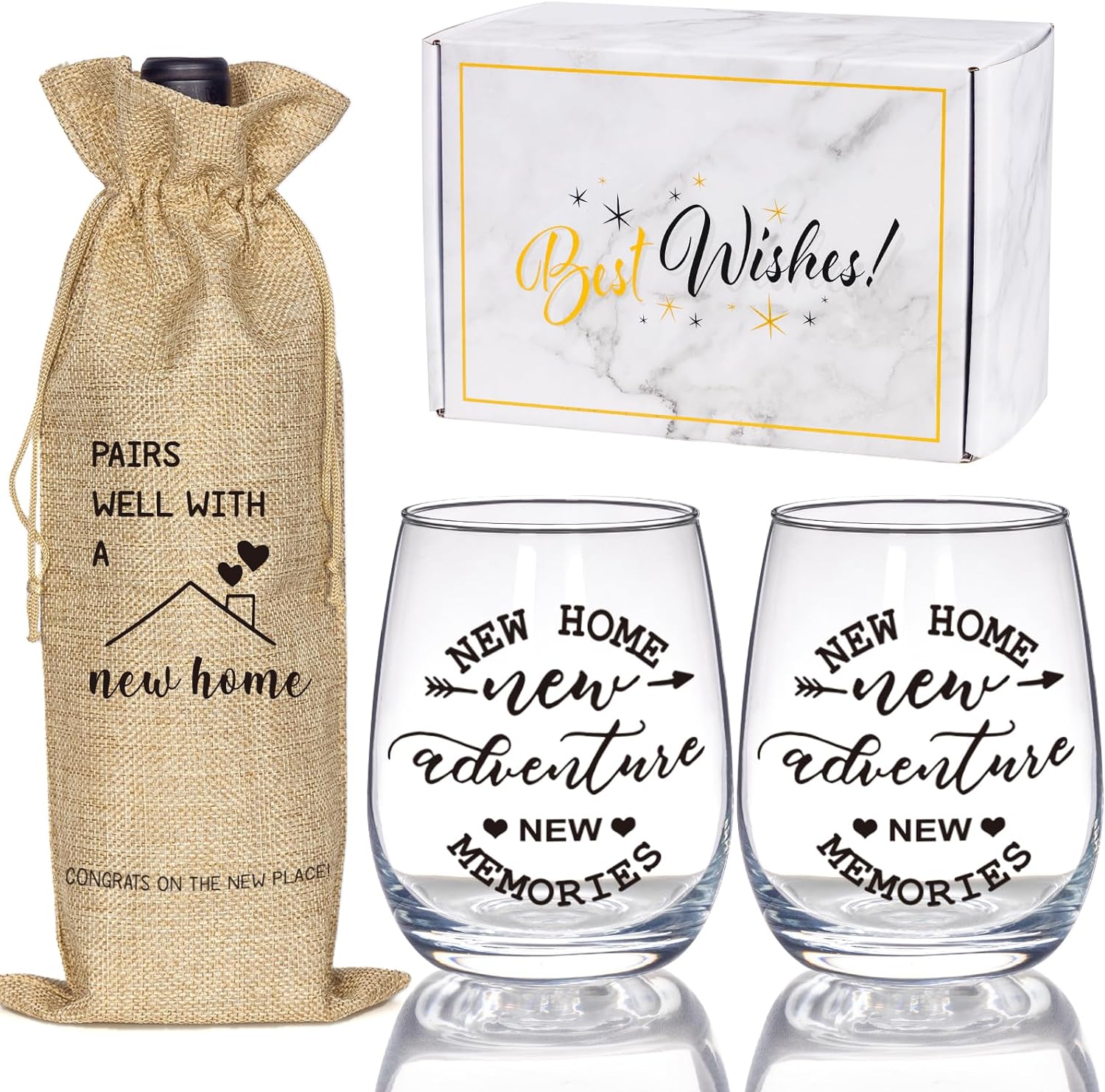 House Warming Gifts New Home, Housewarming Baskets Stemless Wine Glass & Bottle Bag Set for Newlywed Couple, Women, Friends, New Homeowner, Unique Closing Gift for Home Buyers, Clients