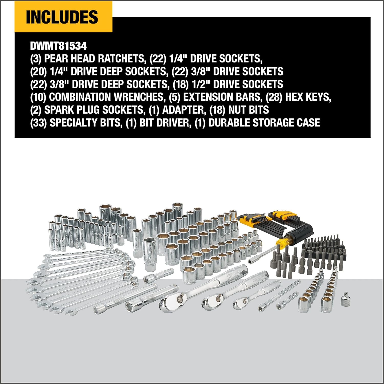 DEWALT Mechanics Tool Set, 1/4" & 3/8" & 1/2" Drive, SAE/Metric, 205-piece (DWMT81534) - Image 3