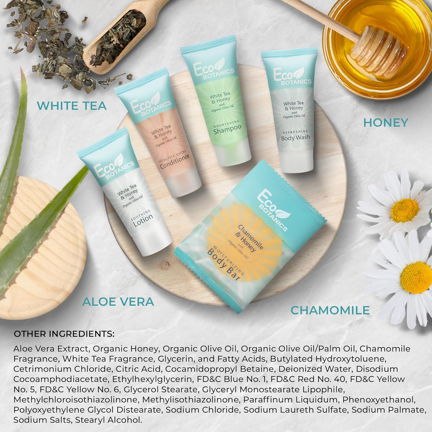 Travel Size Hotel Toiletry Set 300 Count 0.85 oz Bottles Guest Amenities for Vacation Rentals and Short Term Rentals Paraben Free White Tea Scent Infused with Aloe and Olive Oil by Eco Botanics - Image 4