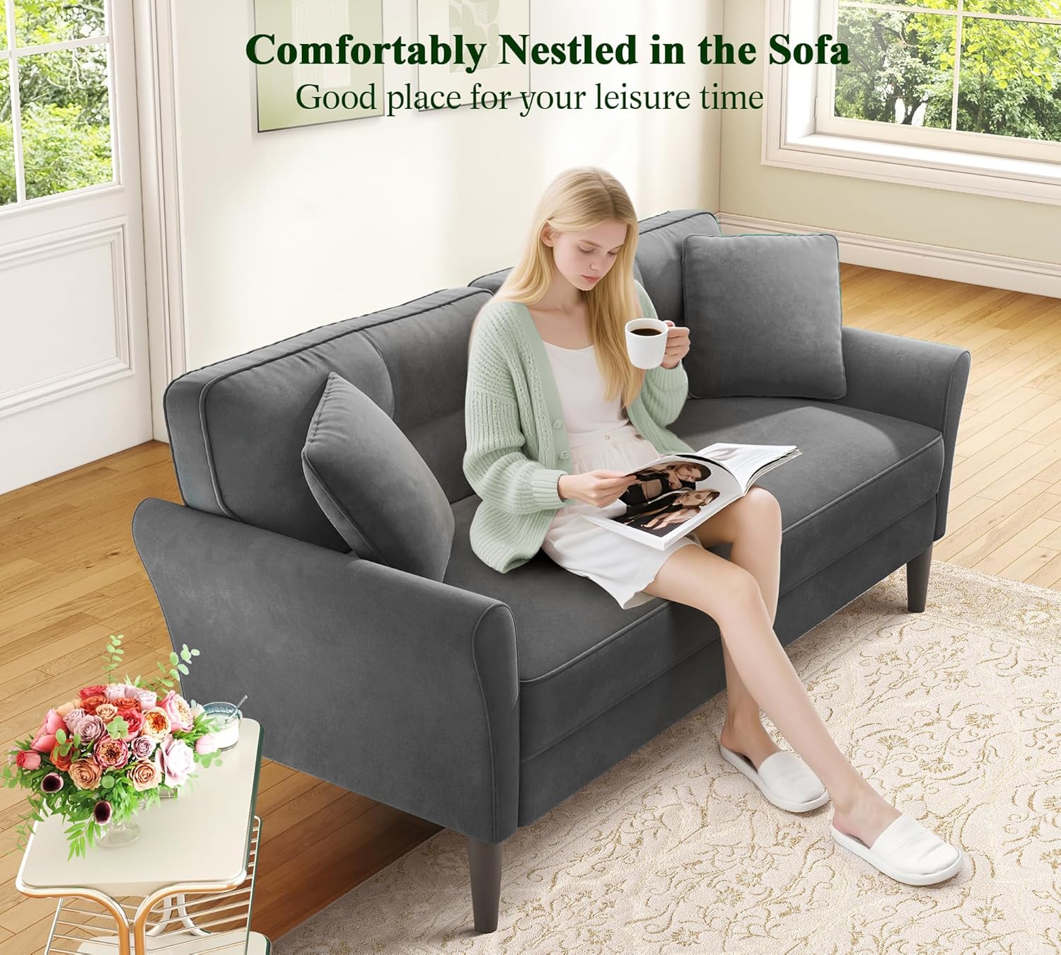 69" Loveseat Sofa, Velvet Small Couches for Small Spaces, Love Seat Couches with 2 Pillows, Tool-Free Setup Loveseats, 700lb Load Sofas for Living Room, Mini Couch for Bedroom, Comfy Sofa Couch, Grey - Image 6