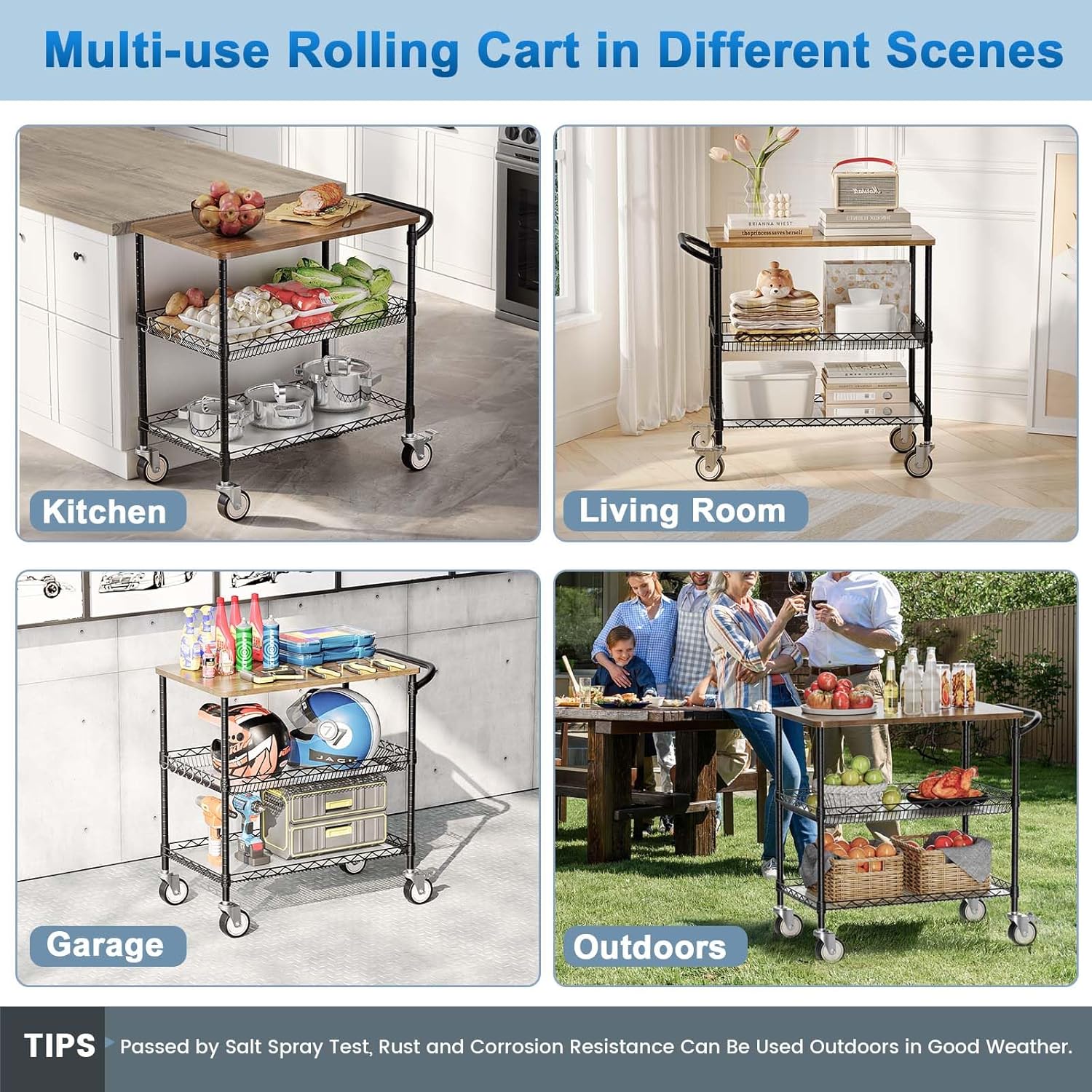 Leteuke Rolling Kitchen Carts with Wheels, 34" L x 17.5" W, 3-Tier Heavy Duty Utility Cart with Wood Tabletop, NSF Commercial Metal Serving Cart with Handle and Shelf Liner for Kitchen, Black - Image 5