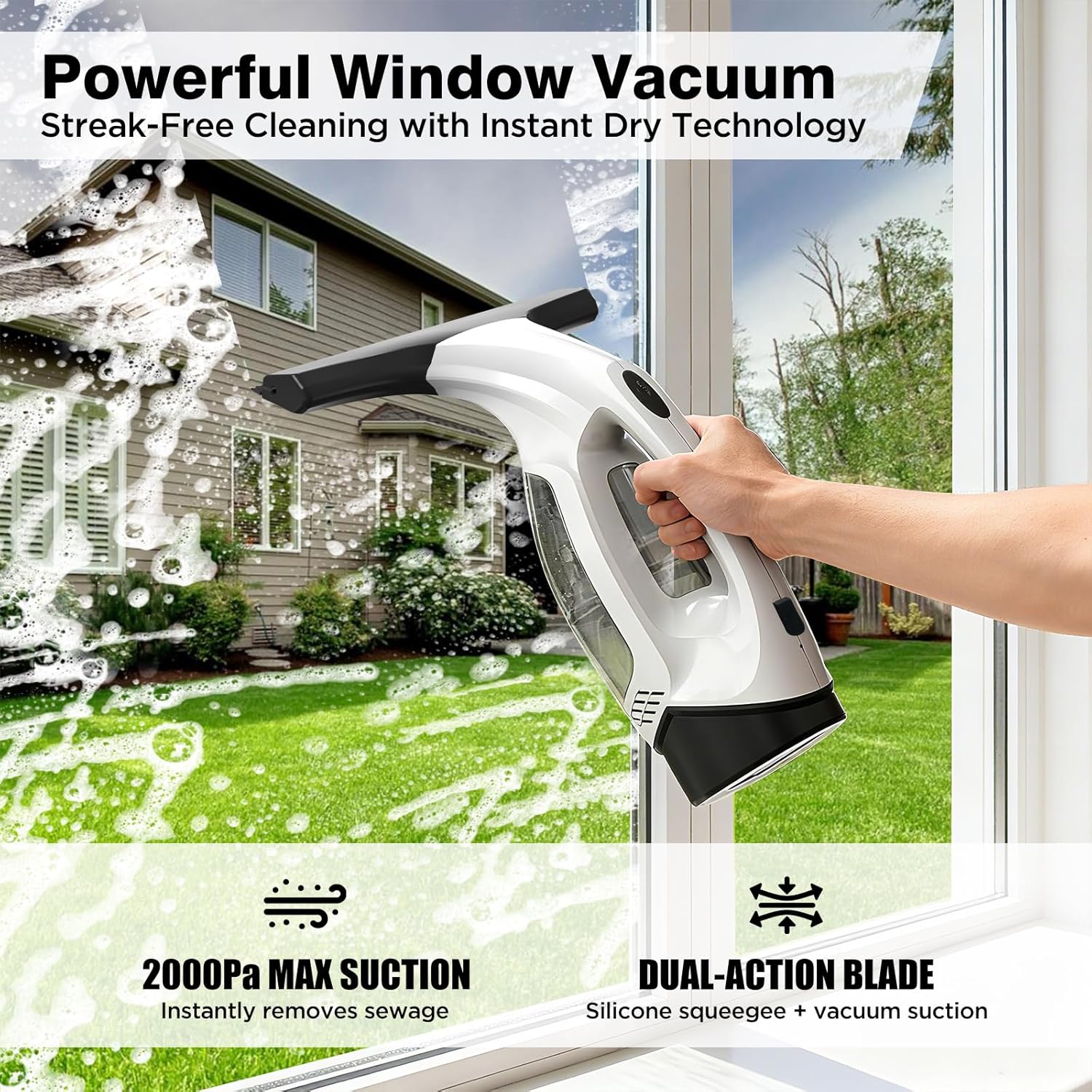 Window Vacuum Squeegee Cordless, 2000Pa Electric Window Cleaner Tool with 2200mAh & 150ml Water Collection Tank, Window Cleaning Kit Shower Squeegee for Glass Doors, Windows, Mirrors, Car (White) - Image 2