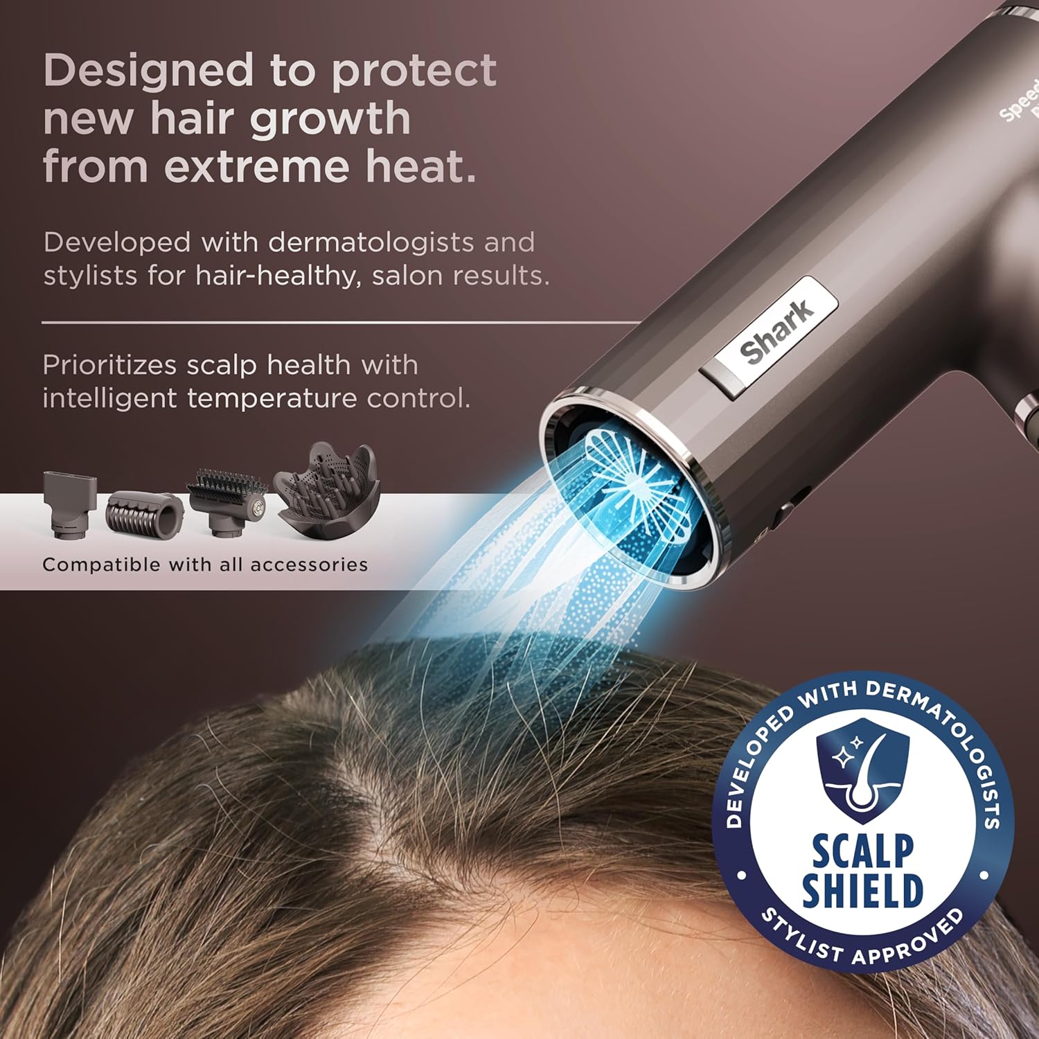 Shark SpeedStyle Pro Flex Professional Performance High-Velocity Hair Dryer System with Scalp Shield & IQ Speed Styling and Drying Suite, Lightweight, Ionic, No Heat Damage, Mocha Silver, HD542 - Image 4