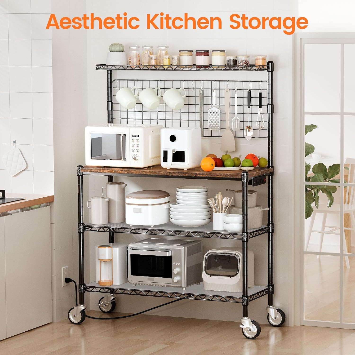 Leteuke Bakers Rack with Power Outlet & Storage, 36 Inch Microwave Stand Kitchen Cart, 4-Tier Metal Kitchen Shelves Cart with Wheels & 20 S-Hooks for Kitchen, NSF Certified, 63 x 18 x 36 Inch-Black - Image 2