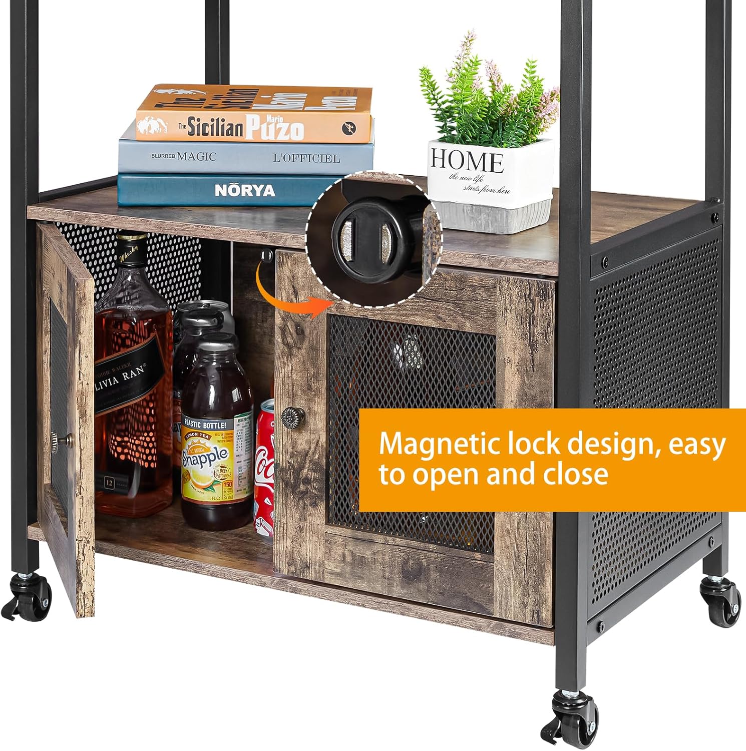 X-cosrack Coffee Bar Cabinet,3 Tiers Kitchen Coffee Cart with Drawer for The Home, Movable Farmhouse Ktichen Station Table on Wheels for Living Room, Entryway, Dining Room, Kitchen - Image 3