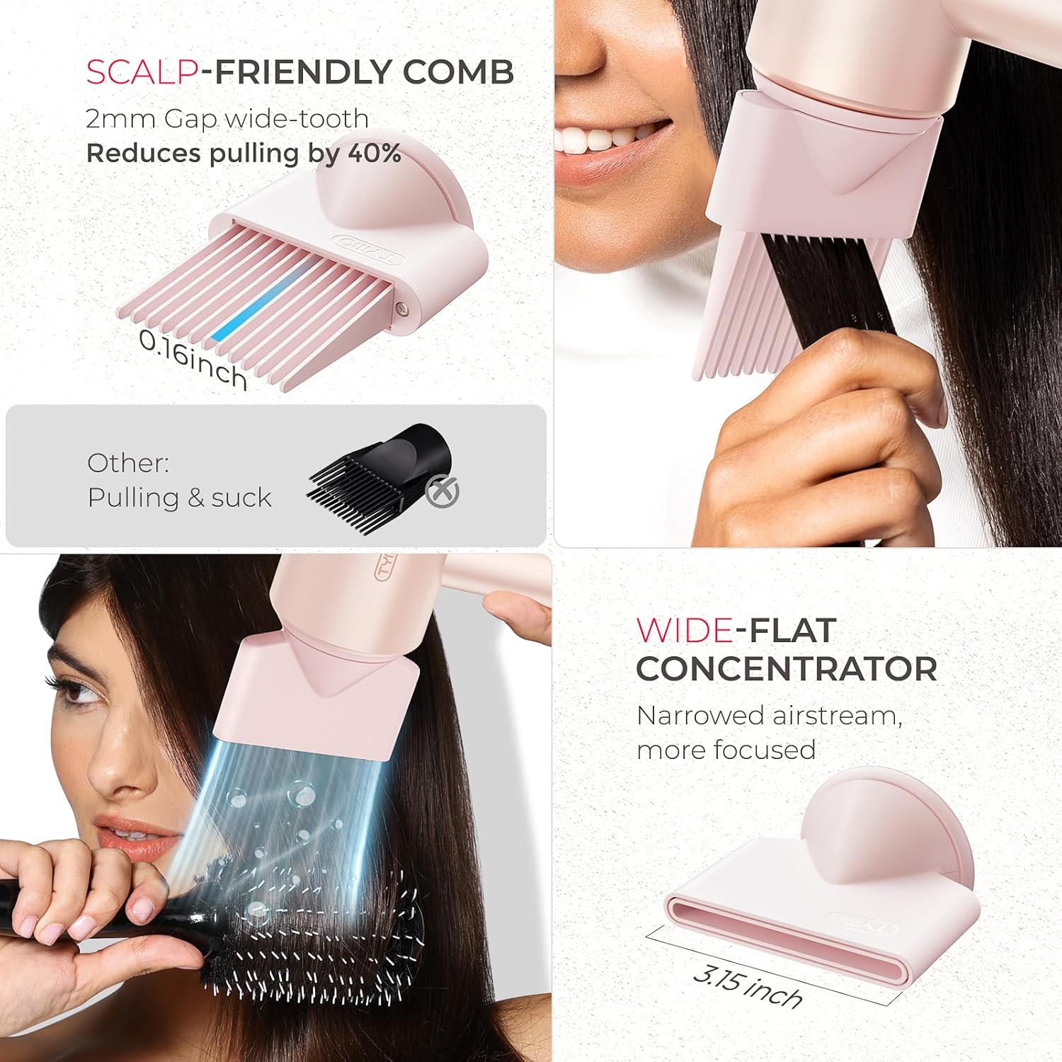 Blow Dryer with Comb, TYMO AIRHYPE Compact 200 Million lonic Hair Dryer with Diffuser, Fast Dry Pink Blow Dryer for Women 110,000RPM Portable Hairdryer for Curly Hair, 4 Temps & 2 Speeds - Image 6