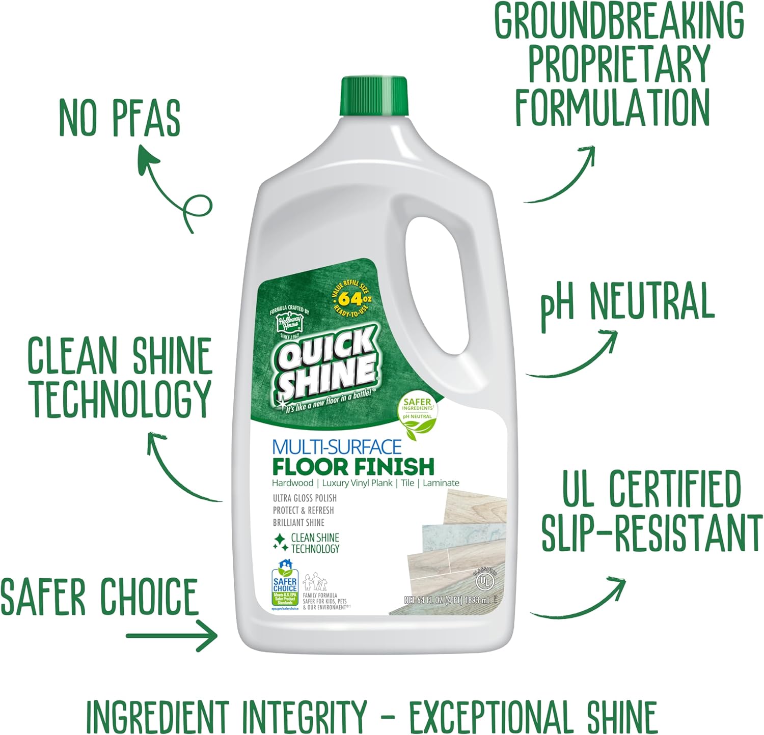 Quick Shine Multi Surface Floor Finish 64oz | Cleaner & Polish to use on Hardwood, Laminate, Luxury Vinyl Plank LVT, Tile & Stone | Safer Choice w/Clean Shine Technology | Shine-Protect-Refresh - Image 2