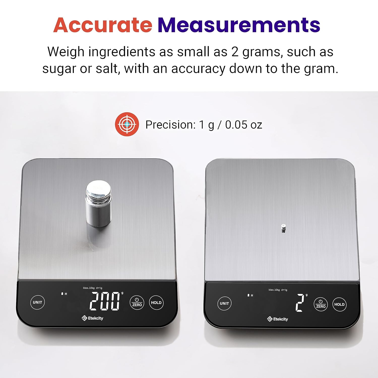 Etekcity Digital Food Kitchen Scale, Grams and Oz for Weight Loss, Baking and Cooking, 0.05oz/1g Precise Graduation,5 Weight Units, IPX6 Waterproof, USB Rechargeable,304 Stainless Steel-Silver, 22lb - Image 5