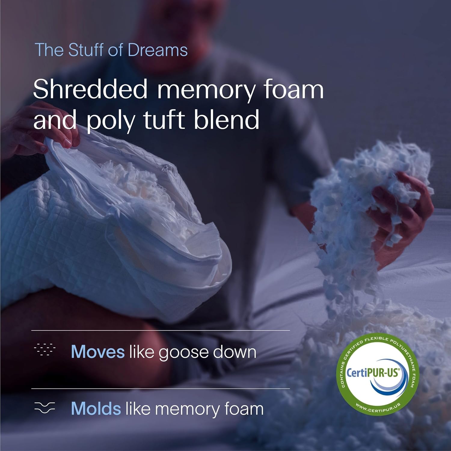 DreamyBlue Signature Pillow w/Adjustable Loft • Shredded Memory Foam Fill • Neutral Alignment for Side, Back, and Stomach Sleepers • Washable Bamboo Rayon Cover • CertiPUR-US Certified Foam (Queen) - Image 2