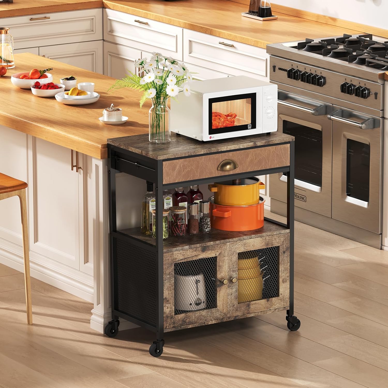 X-cosrack Coffee Bar Cabinet,3 Tiers Kitchen Coffee Cart with Drawer for The Home, Movable Farmhouse Ktichen Station Table on Wheels for Living Room, Entryway, Dining Room, Kitchen - Image 7
