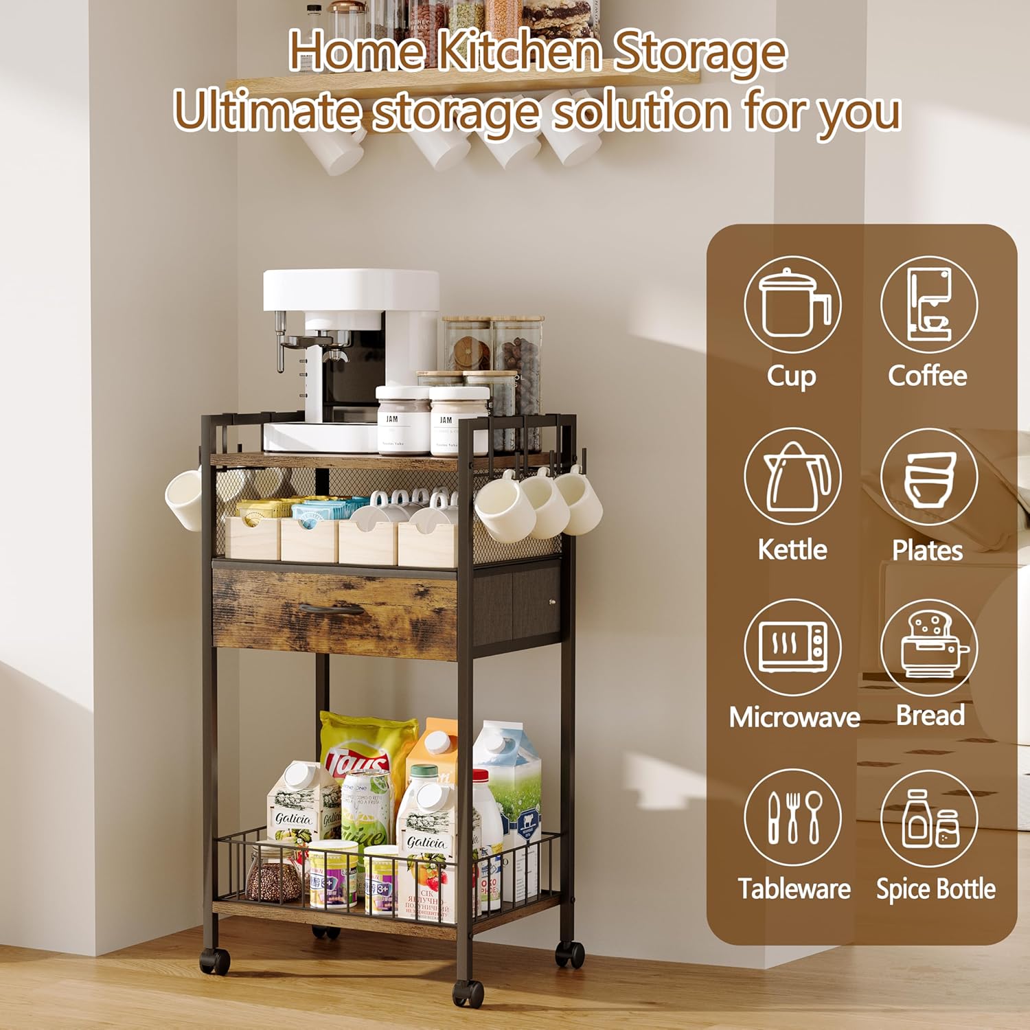 Small Coffee Bar Cart with Drawer Srorage, Office Coffee Bar Station Organizer Mug Cup Holder Stand, K Cup Holder Rack for Home Buffets & Sideboards for Kichen, Entryway, Living Room (Black) - Image 3