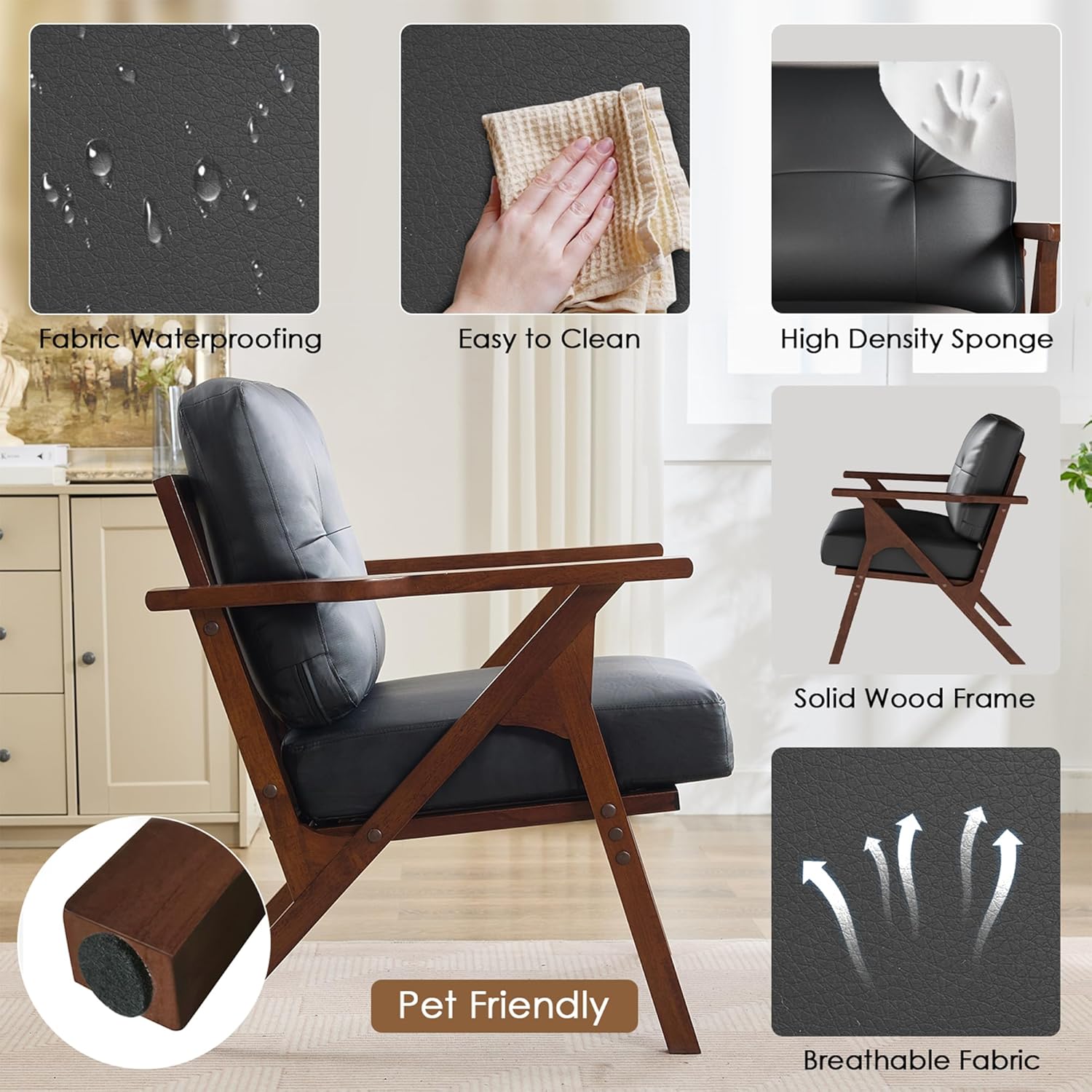 STHOUYN Black Leather Office Accent Chair Set of 2 with Wooden Arms, Comfy Guest Waiting Room Chairs, Mid Century Modern Chair, Side Arm Chairs for Living Room (Black, 2pcs) - Image 5