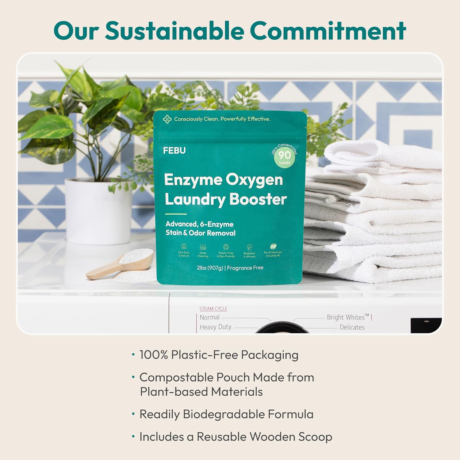 FEBU Enzyme Oxygen Laundry Booster, Odor Eliminator & Stain Remover | Advanced 6-Enzyme Formula for Sweat, Pet & Musty Odors | Plant-Based, Safe, Plastic-Free Powder, USA-Made | Fragrance Free, 2lbs - Image 7