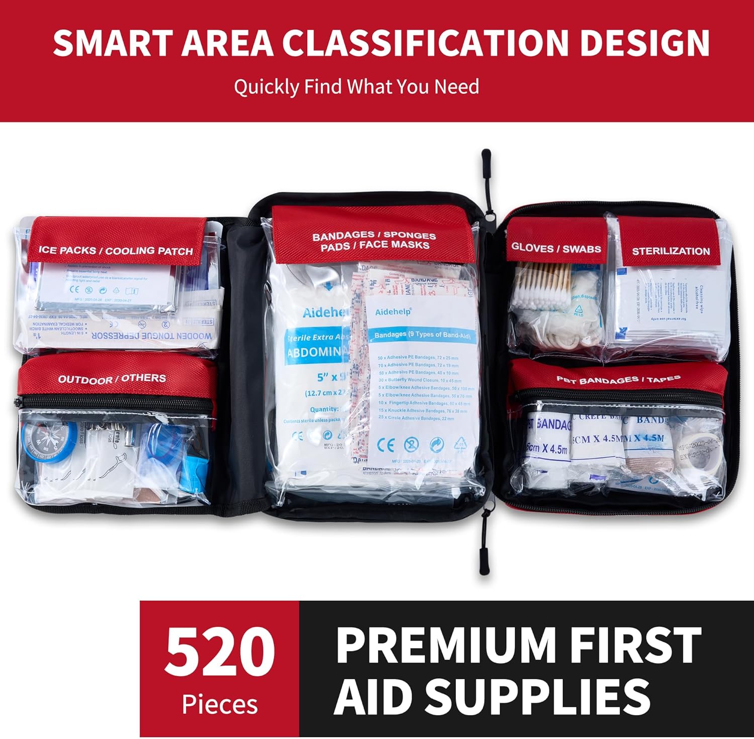 520 Pieces Premium First Aid Kit - Large Emergency Medical Kit for Survival, Car, Home, Travel, Camping, Backpack, Hiking, School (Red) - Image 3