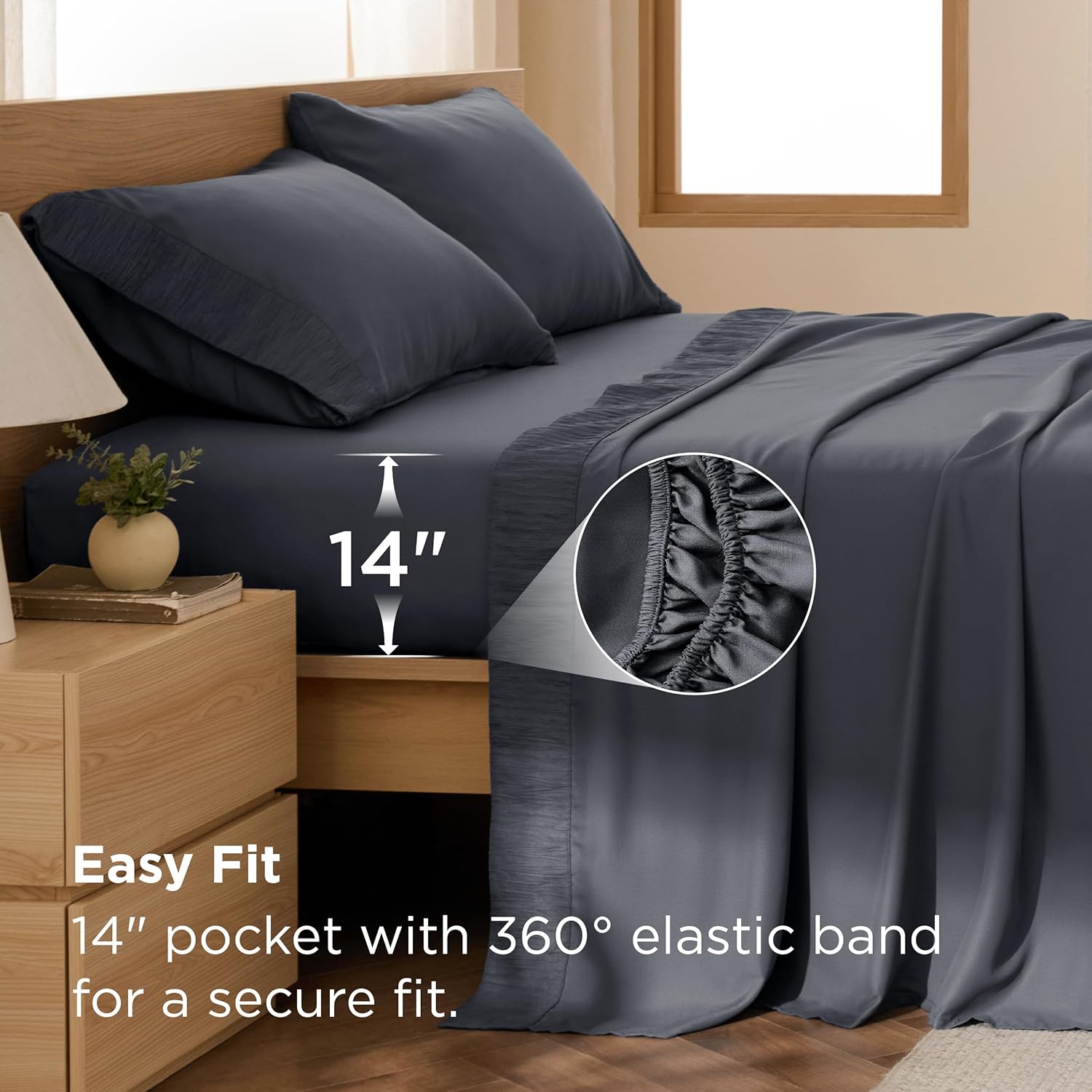 Bedsure Queen Sheet Set - 4 Pieces Soft Queen Size Sheets - Breathable & Cooling - Hotel Luxury - Easy Care Polyester Microfiber Bedding for Women, Men, Dark Grey - Image 4