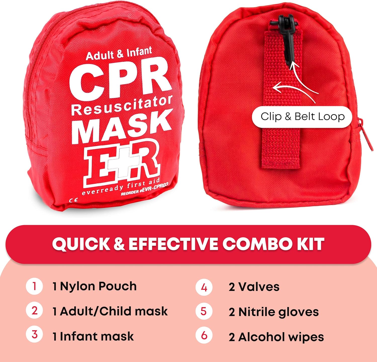 Adult and Infant CPR Mask Combo Kit – Includes 2 CPR Masks with One-Way Valves, Pair of Vinyl Gloves, 2 Alcohol Prep Pads – Portable Emergency CPR Kit – Red - Image 3