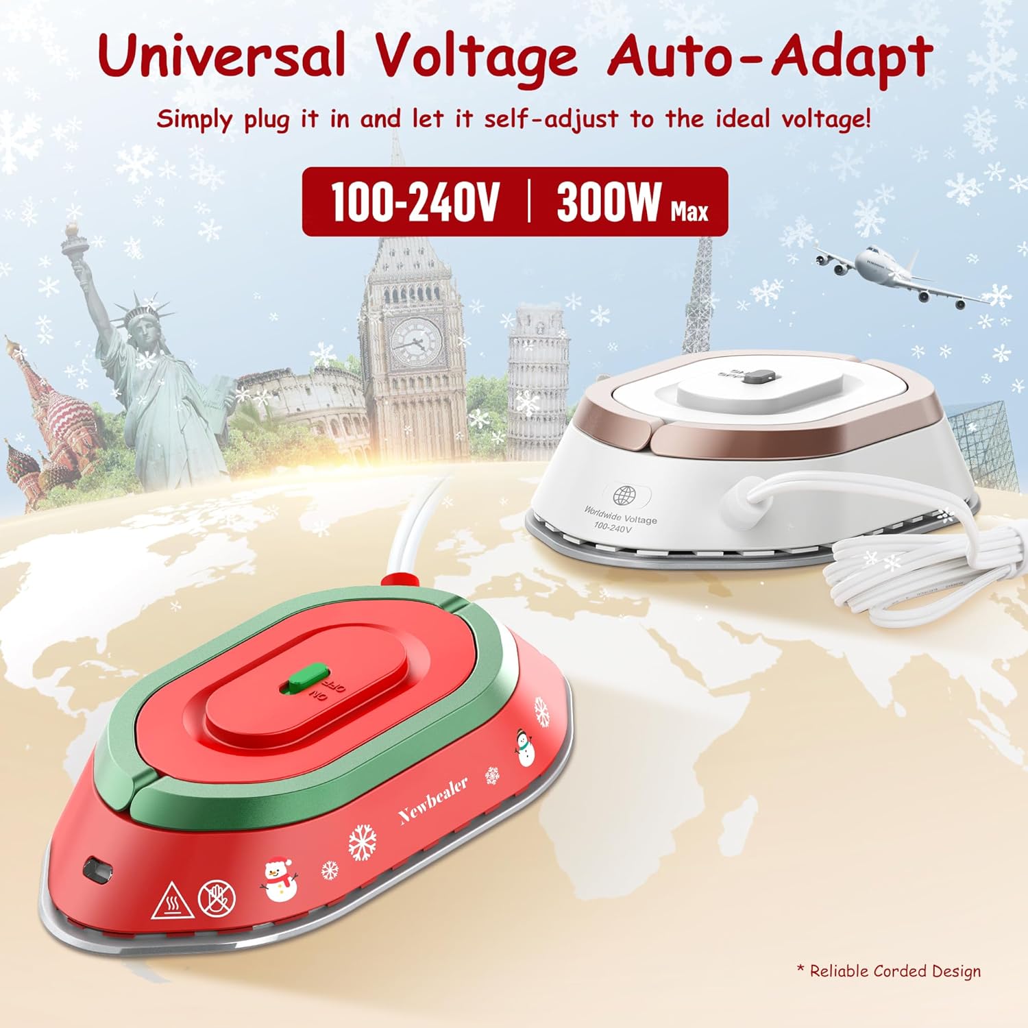 Newbealer Travel Iron, Global Voltage 100-240V, 302℉ Mini Dry Iron for Clothes (No Steam), Max 300W, 60s Heat Up, 0.8lb Lightweight Gift (Classic Red with Hard Case) - Image 4