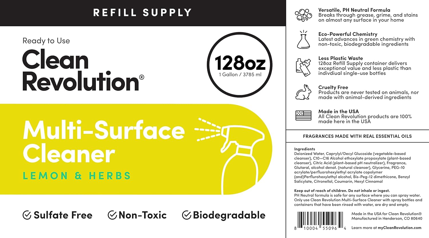 Clean Revolution Multi Surface Cleaner Refill Supply, Non-Toxic, Eco-Friendly & Plant-Based, Ready to Use, Lemon & Herbs, 128 Fl Oz (1 Gallon) - Image 4