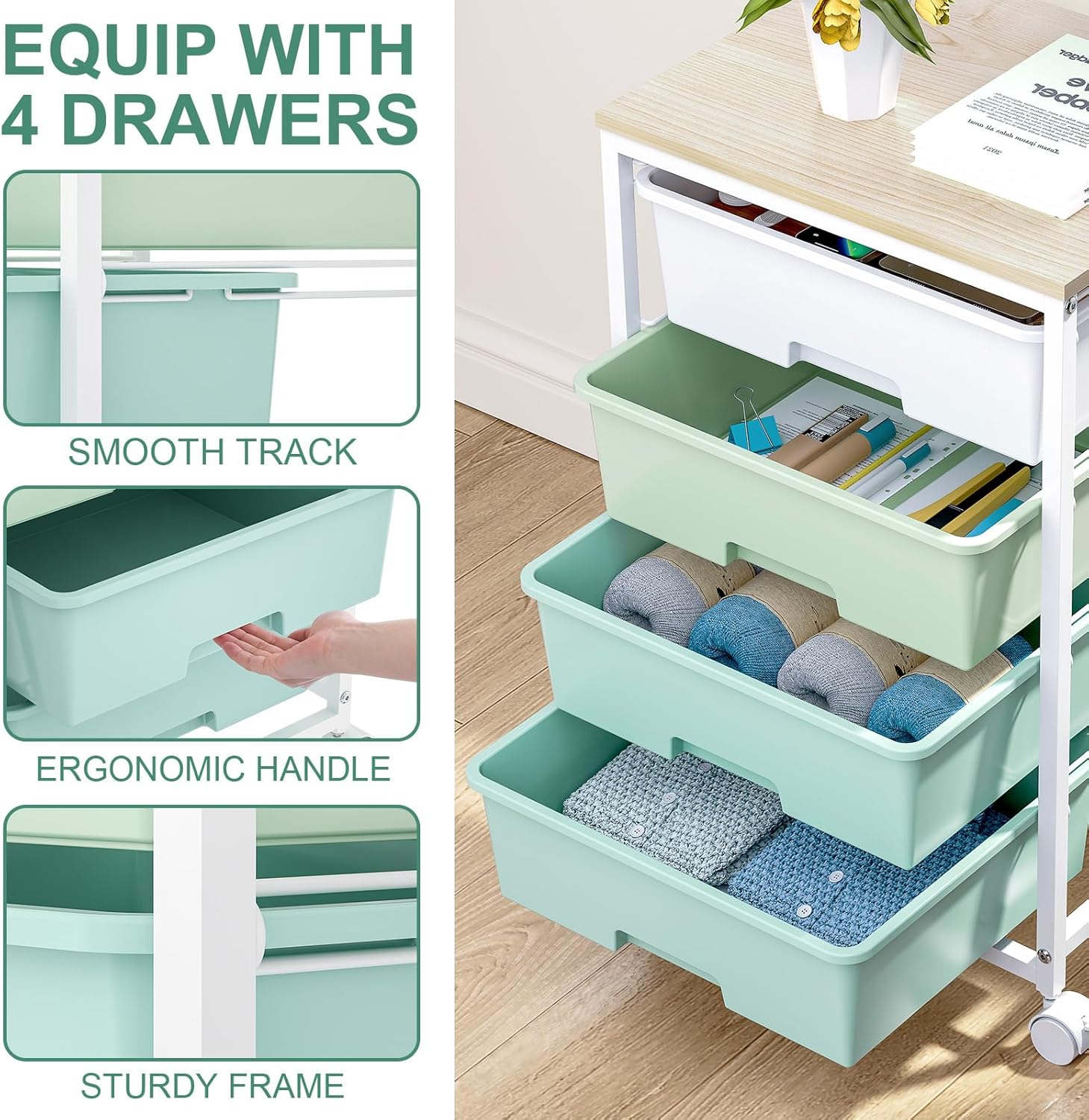 Utility Cart with 4 Drawers,Rolling Storage Cart with Drawers,Storage Rolling Drawer Cart with Wooden Tabletop for Bedroom,Kid's Room,Dorm,Classroom,Office,Green - Image 4