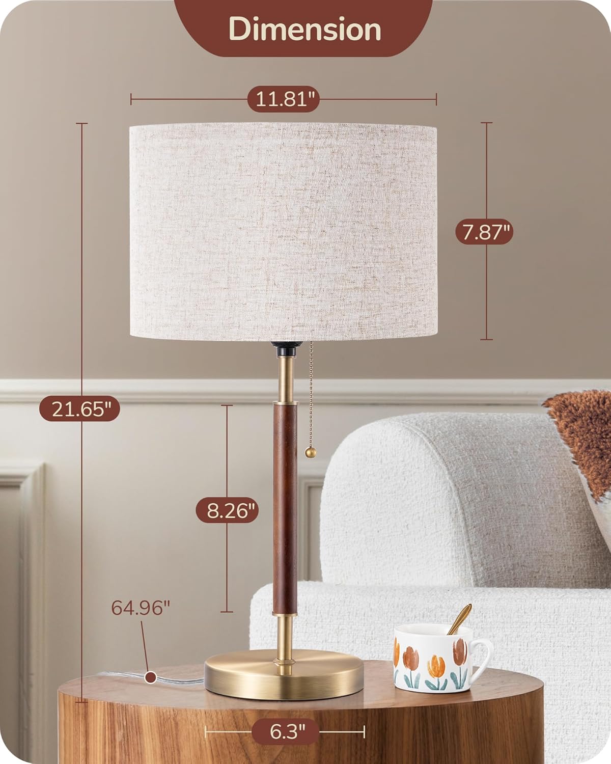 EDISHINE Mid Century Table Lamp, Bedside Lamp with Pull Chain Switch, Solid Wood & Metal Pole, Modern Nightstand Table Lamp for Living Room, Bedroom, Office, Frosted Bronze & Wood Finish - Image 6
