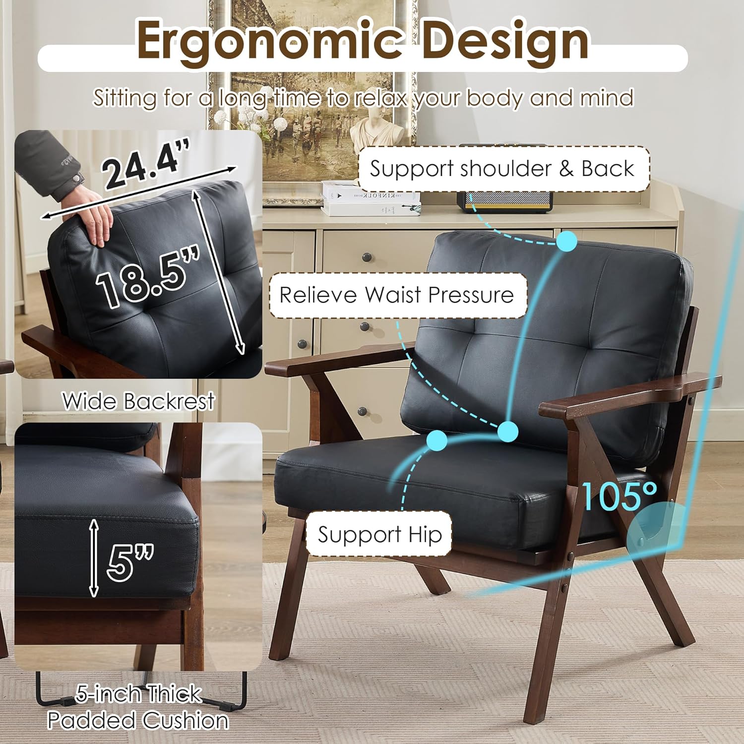 STHOUYN Black Leather Office Accent Chair Set of 2 with Wooden Arms, Comfy Guest Waiting Room Chairs, Mid Century Modern Chair, Side Arm Chairs for Living Room (Black, 2pcs) - Image 6