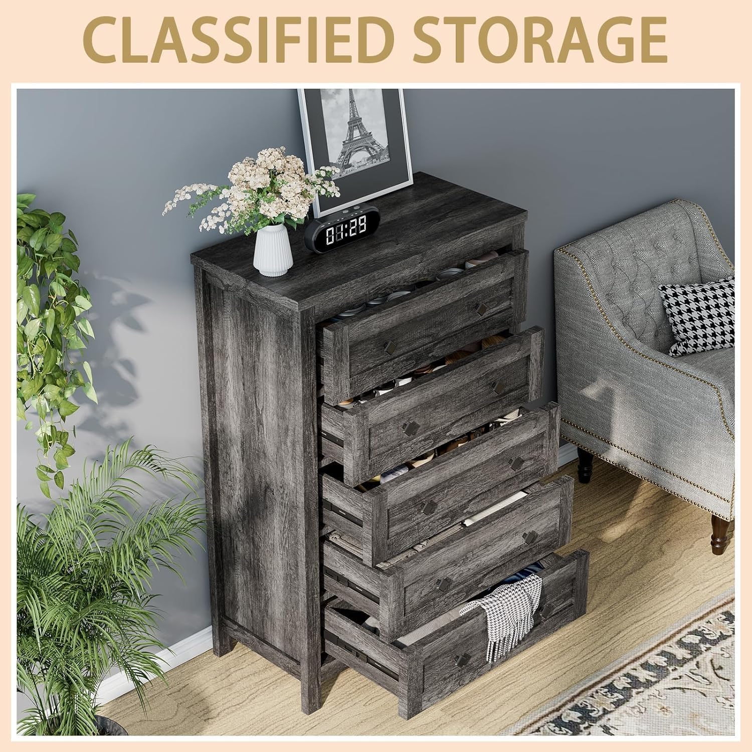 5-Piece Farmhouse Bedroom Set, 1 X Queen Size Bed Frame, 1 X 5 Drawer Dresser, 1 X Wood Rustic 6 Drawer Storage Dresser, Nightstand Set of 2 with Charging Station, Bedroom Furniture Set, Grey - Image 8