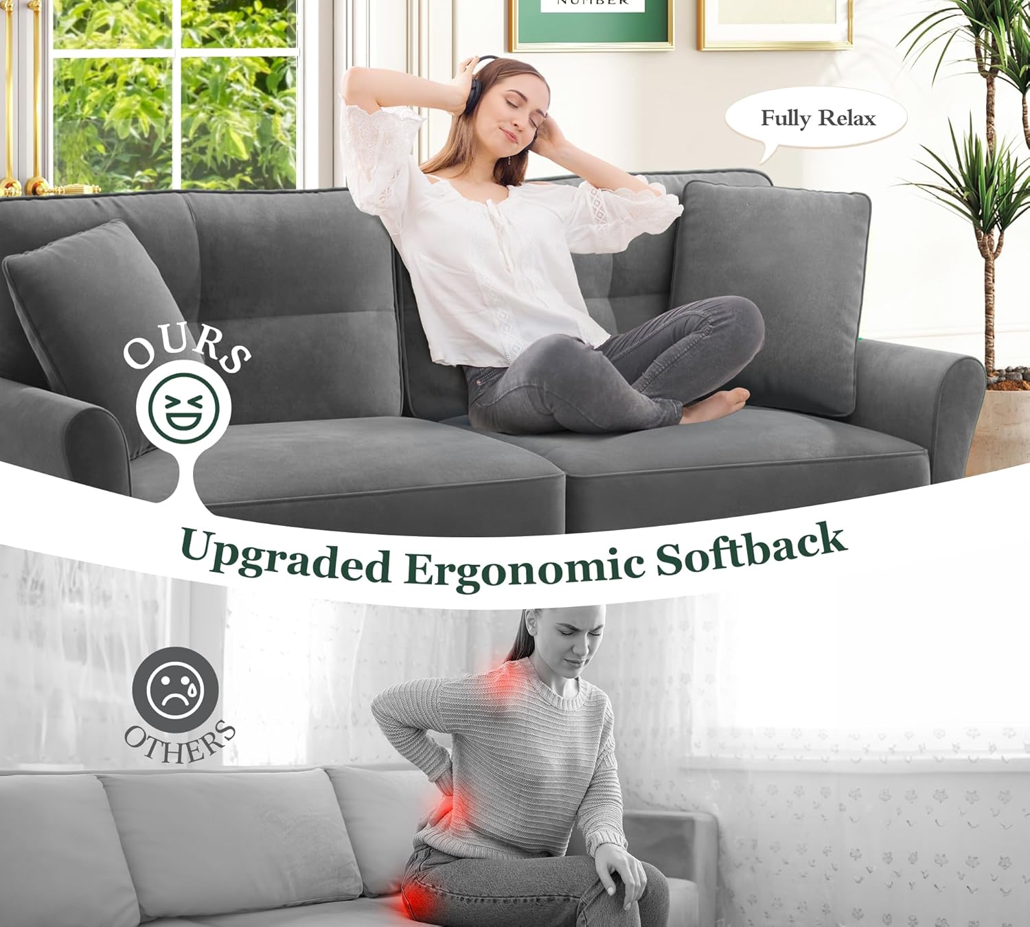 69" Loveseat Sofa, Velvet Small Couches for Small Spaces, Love Seat Couches with 2 Pillows, Tool-Free Setup Loveseats, 700lb Load Sofas for Living Room, Mini Couch for Bedroom, Comfy Sofa Couch, Grey - Image 5