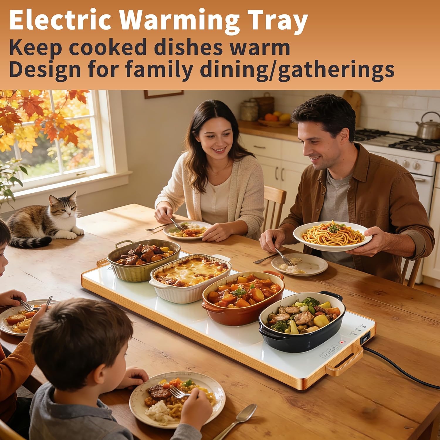 Electric Warming Tray (L 32”x12”),Food Warmers for Parties Buffet with Thermostat&Full Surface Heating,Tempered Glass Warming Mat for Food, Temperature Adjustable Gold Handles Food Warming Mat,White - Image 2