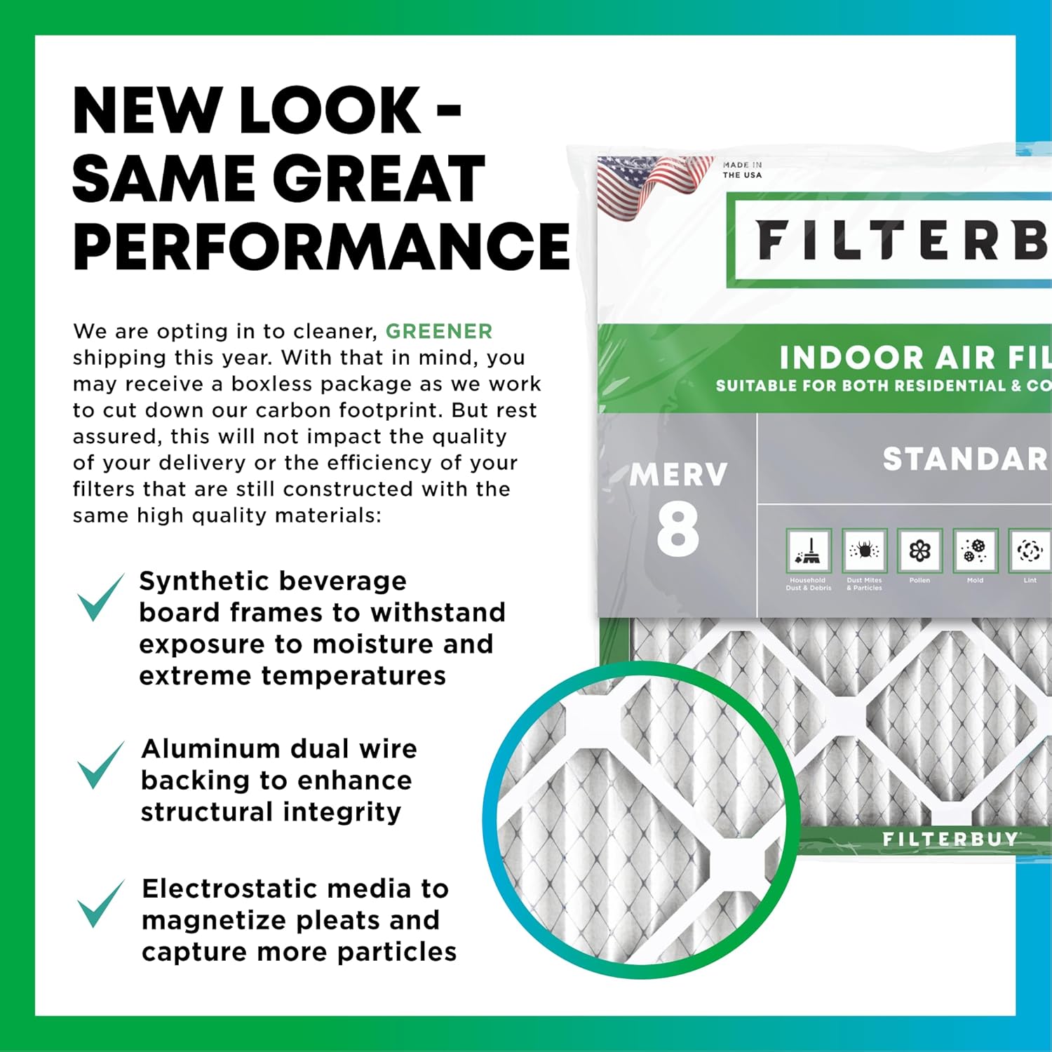 Filterbuy 16x25x1 Air Filter MERV 8 Essential Dust & Allergy Defense (4-Pack), Electrostatic Pleated HVAC AC Furnace Filters Replacement, Made in USA (Actual Size: 15.50 x 24.50 x 0.75) - Image 3