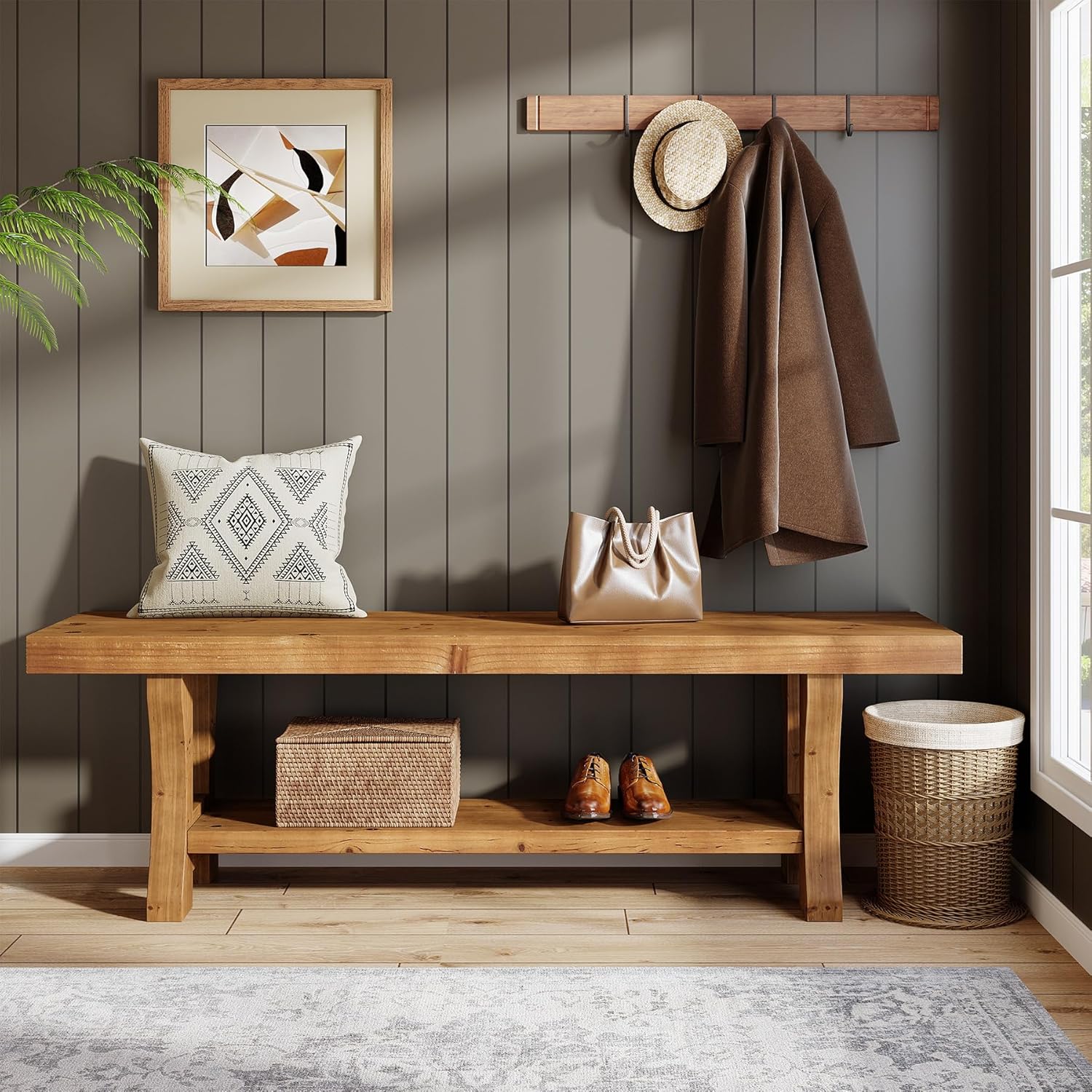 Solid Wood Entryway Bench, 55" End of Bed Bench, Long Indoor Dining Seat for Hallway, Bedroom, Living Room, Dining Room, Easy Assembly, Brown - Image 5