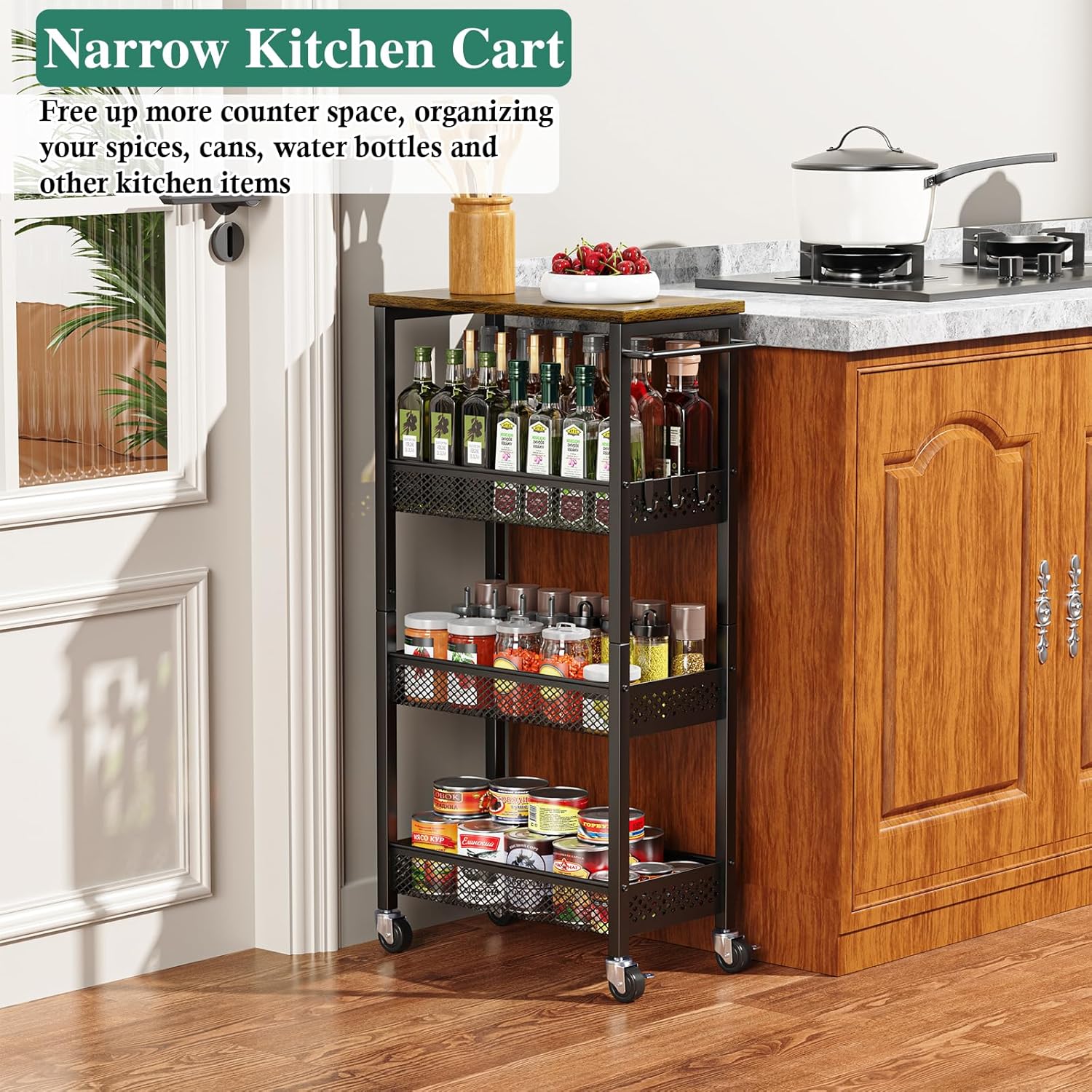 Utility Slim Storage Cart, 4-Tier Narrow Bathroom Organizer and Storage Cart, Metal Narrow Kitchen Laundry Room Organization Rack with Wood Top, Slim Rolling Shelf with Wheels for Small Space - Image 9