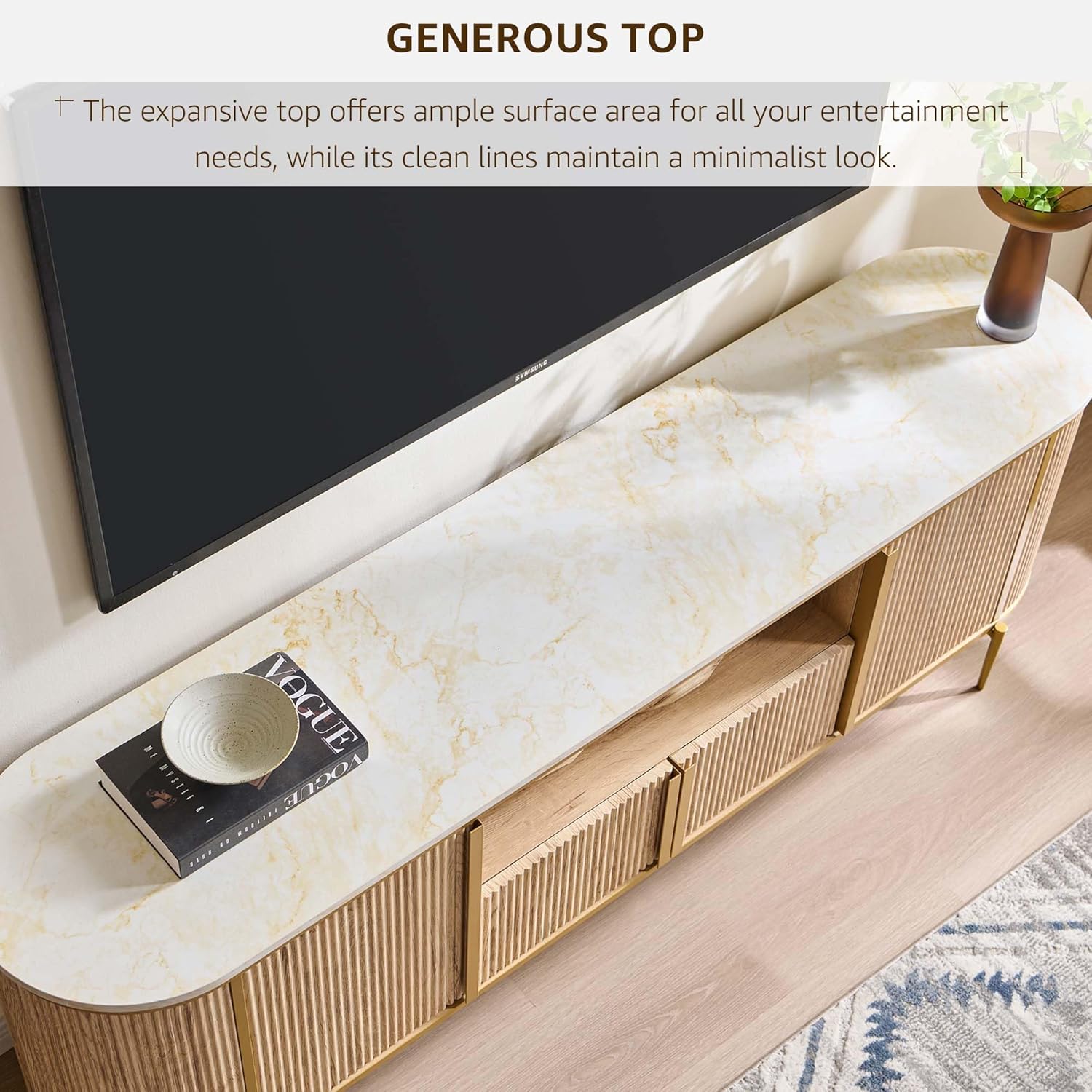 OKD Luxury 70" Fluted TV Stand, Modern Chic Entertainment Center for TVs Up to 80 inches, TV Console with Faux Marble Top, Curved Profile Design, Media Console for Living Room, Natural Oak - Image 3