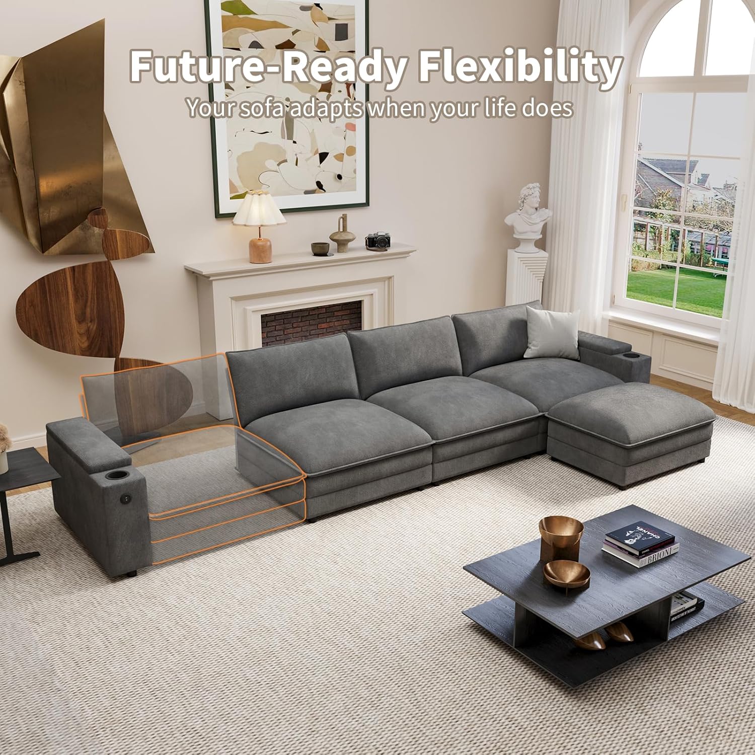81.5" Loveseat Cloud Sofa Couch with Storage Armrest, Cup Holders, USB & Type-C Ports, Spring Cushions, Solid Wood Frame, Chenille Modular Sectional for Living Room - Image 7