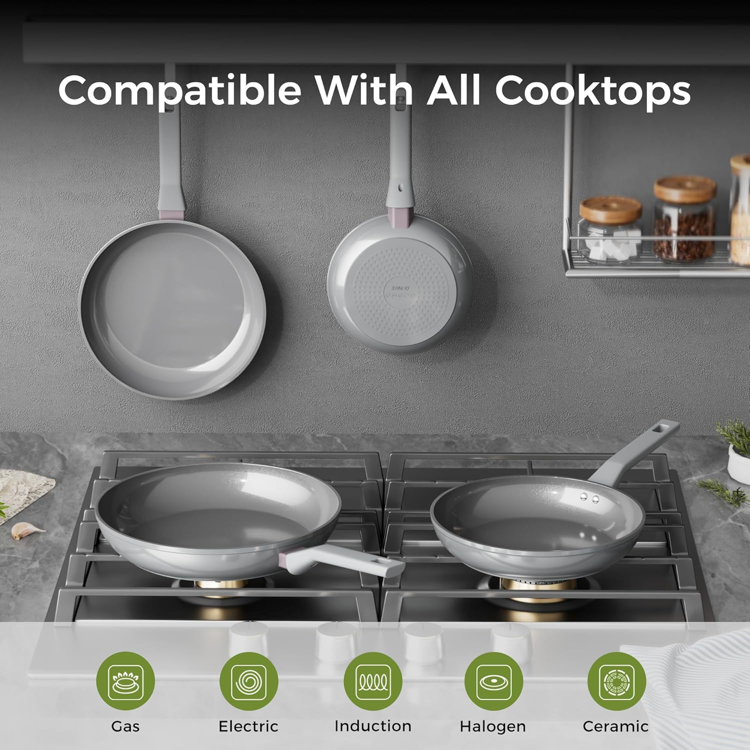 Sanho Diamond-Titanium Ceramic Nonstick Fry Pan Set, 10in & 12in Frying Pans, PFAS PFOA PTFE Free, Dishwasher Safe & Induction Compatible Cookware with Cool-Touch Handle, Gray - Image 3