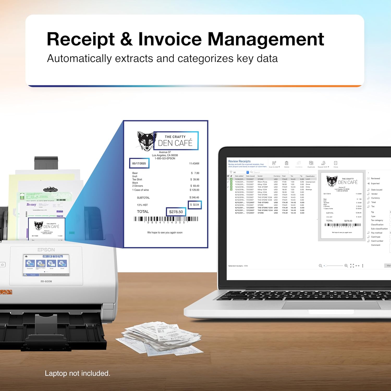 Epson RapidReceipt RR-600W Wireless Desktop Color 2-Sided Document & Tax Receipt Scanner with ScanSmart AI PRO Data Management Software for PC & Mac Touchscreen & 100-Page Auto Document Feeder - Image 3