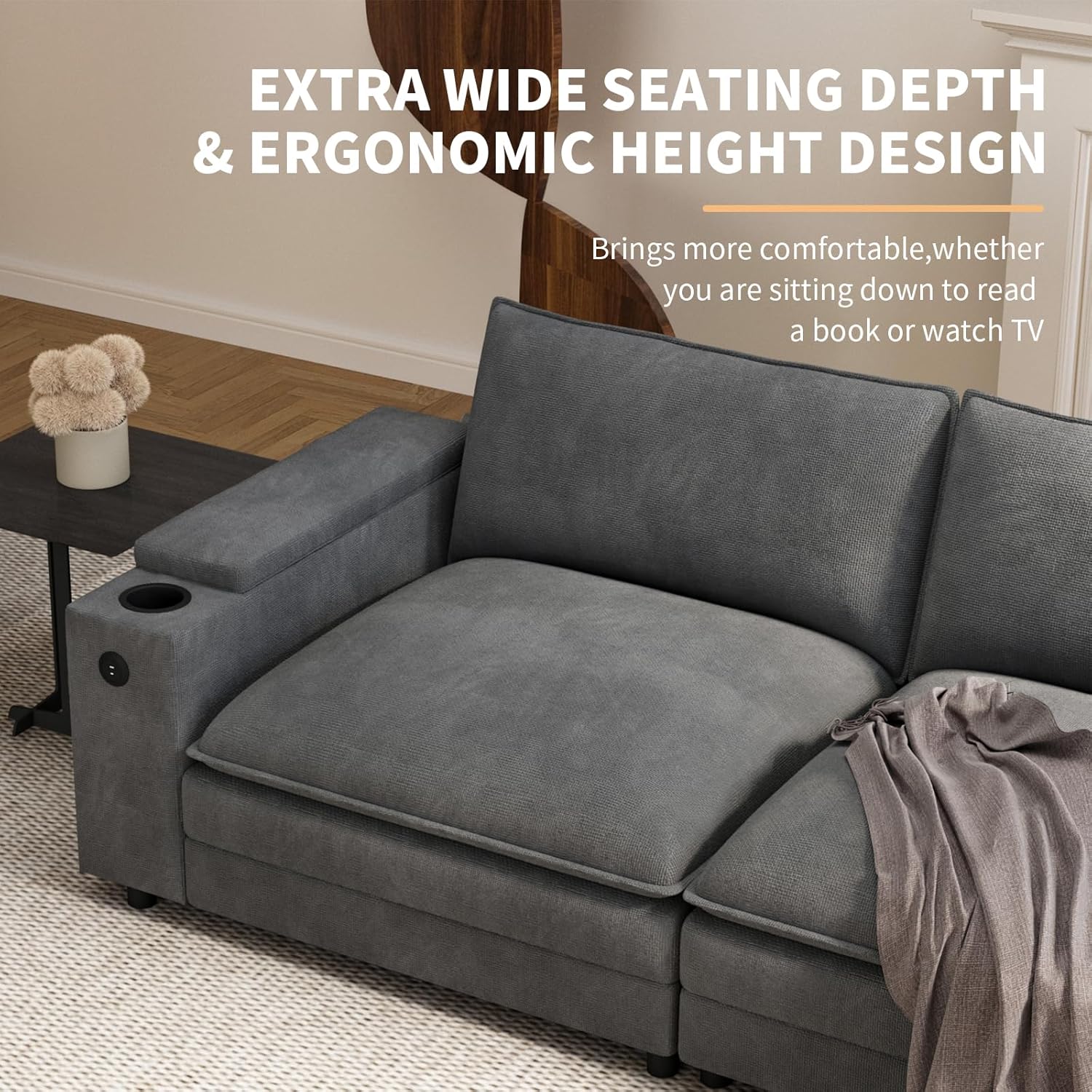 81.5" Loveseat Cloud Sofa Couch with Storage Armrest, Cup Holders, USB & Type-C Ports, Spring Cushions, Solid Wood Frame, Chenille Modular Sectional for Living Room - Image 6