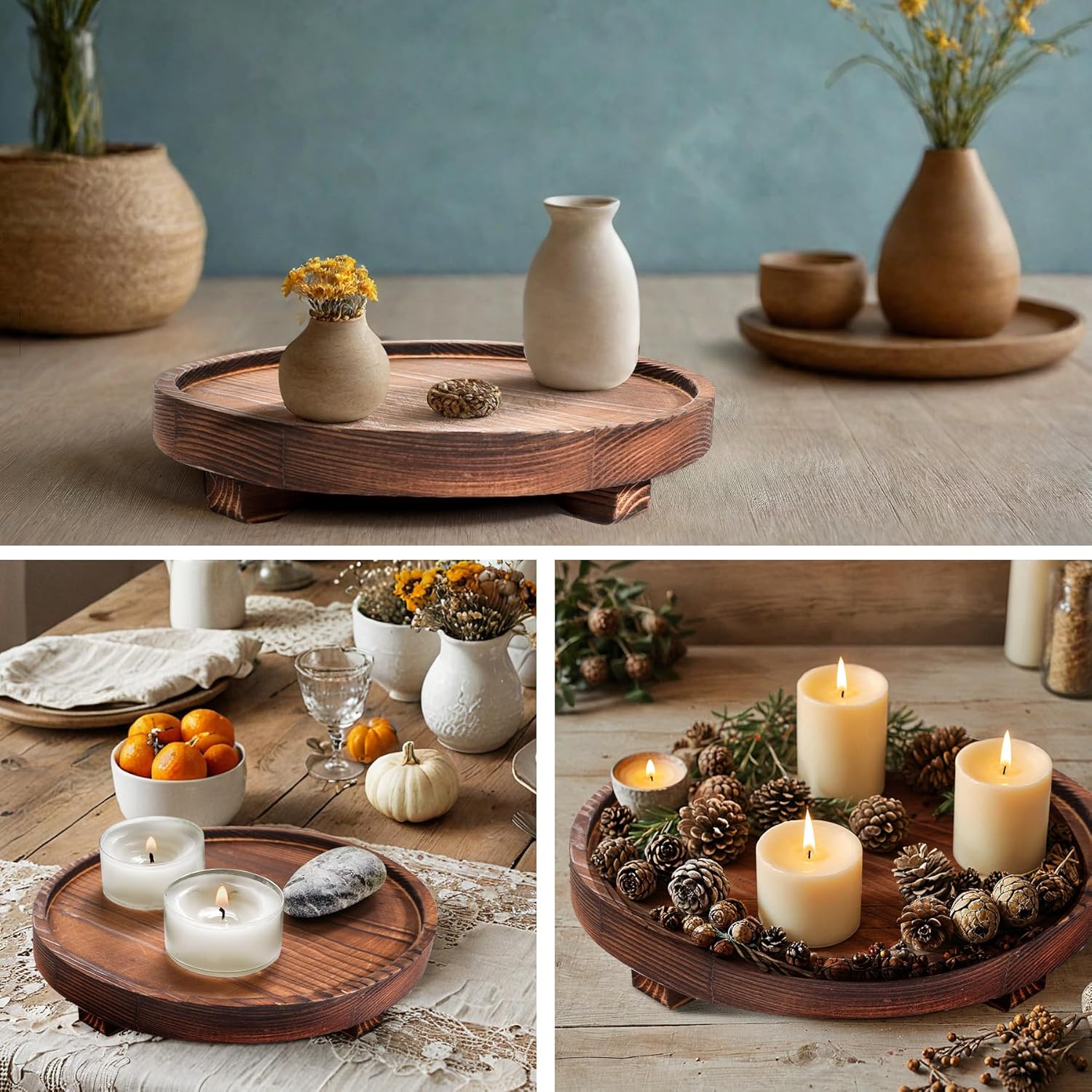 Round Wooden Decorative Tray - Rustic Wood Soap Tray for Kitchen and Bathroom Counter Organizer, Farmhouse Kitchen Decor Wooden Riser for Soap Dish, Perfume, Candle, Potted - Image 5