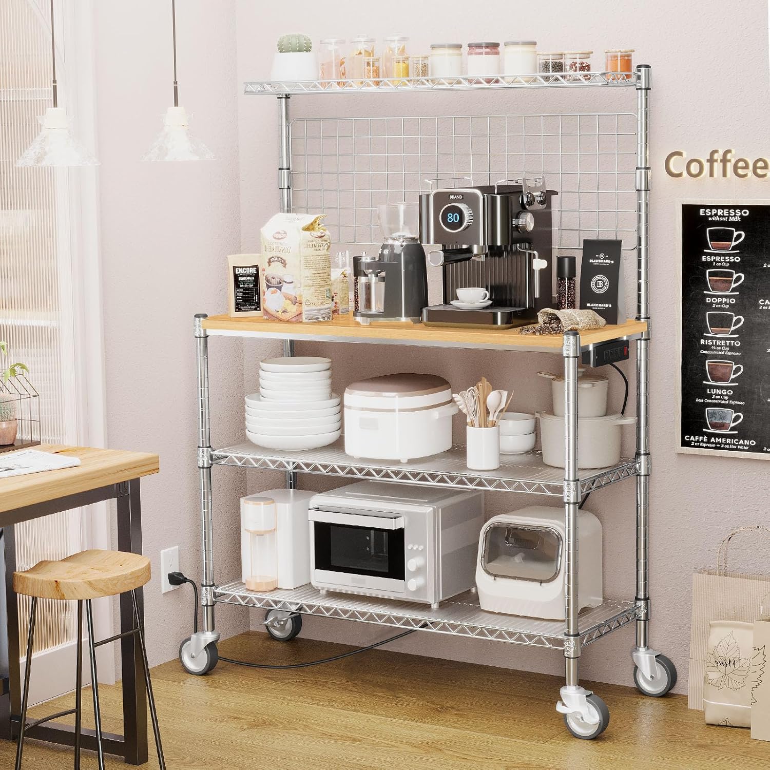 Leteuke Bakers Rack with Power Outlet & Storage, 36 Inch Microwave Stand Kitchen Cart, 4-Tier Metal Kitchen Shelves Cart with Wheels & 20 S-Hooks for Kitchen, NSF Certified, 63 x 18 x 36 Inch-Chrome - Image 5