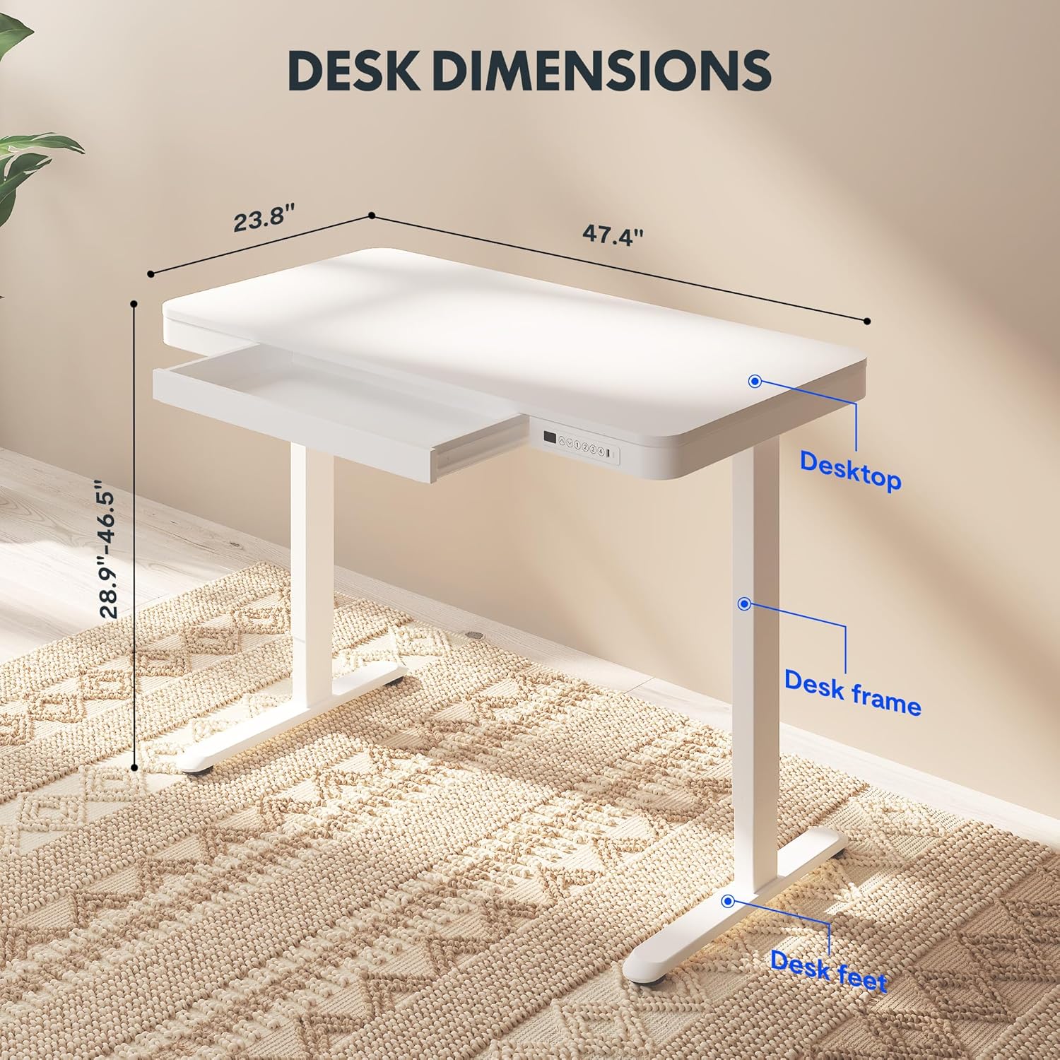 FLEXISPOT Comhar Electric Standing Desk with Drawers Charging USB A to C Port, Height Adjustable 48" Whole-Piece Home Office Computer Laptop Table with Storage (White Top + Frame) - Image 3