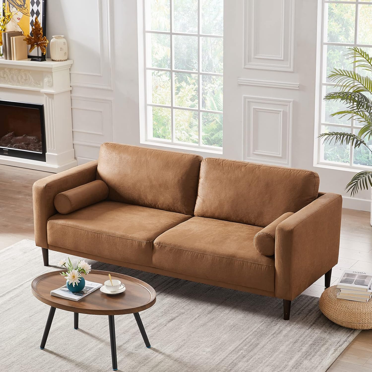 HIFIT Sofa Couches, 79” Mid-Century Modern Couch, Breathable Faux Leather Couch with Upholstered Cushions/Pillows, 3-Seat Sofas & Couches, for Living Room Apartment Office, Brown - Image 3