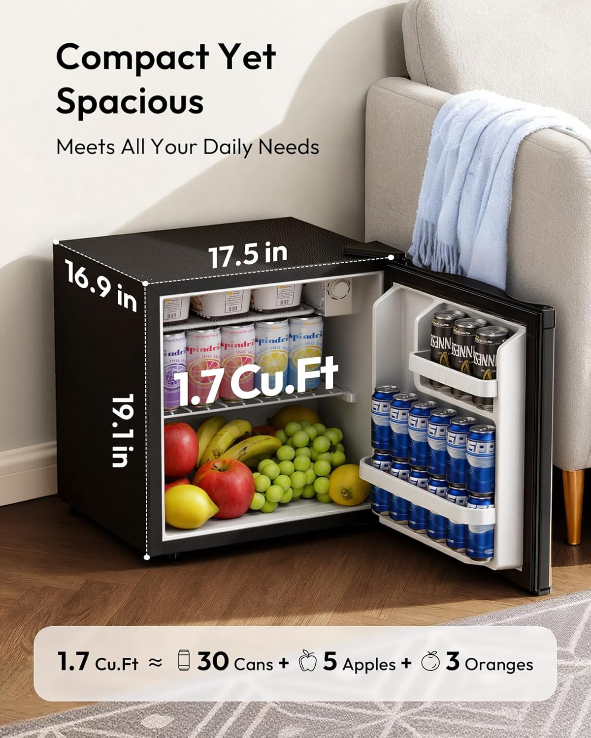 EUHOMY 1.7 Cu.Ft Mini Fridge, Reversible Single Door Compact Refrigerator, Adjustable Thermostat, Energy Saving, Mini Fridge for Bedroom, Office, Dorm, Black - Image 2