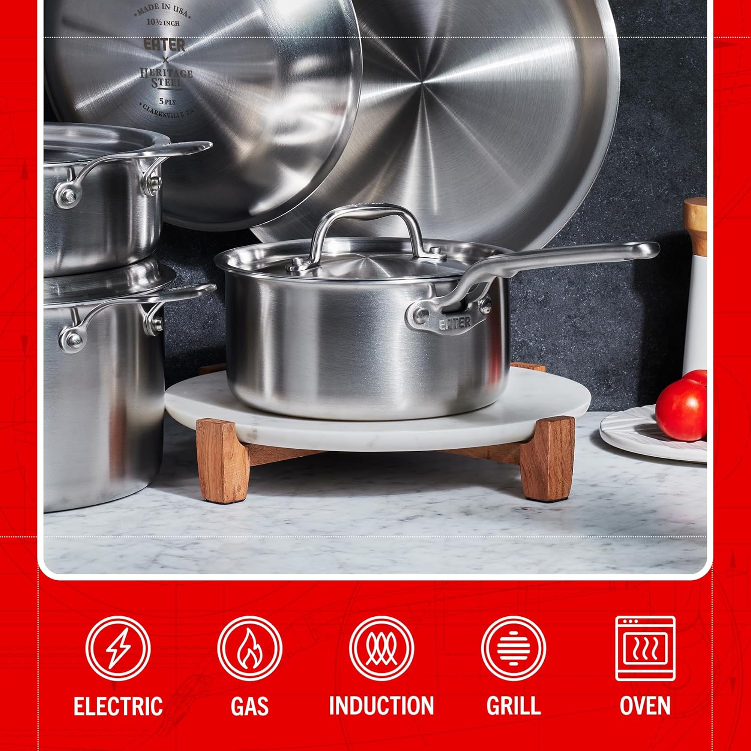 Heritage Steel Eater Series 10 Piece Cookware Set | Made in USA | 5 Ply Fully Clad Stainless Steel Cookware Set | Stay Cool Handle | Induction Ready & Non-Toxic - Image 5