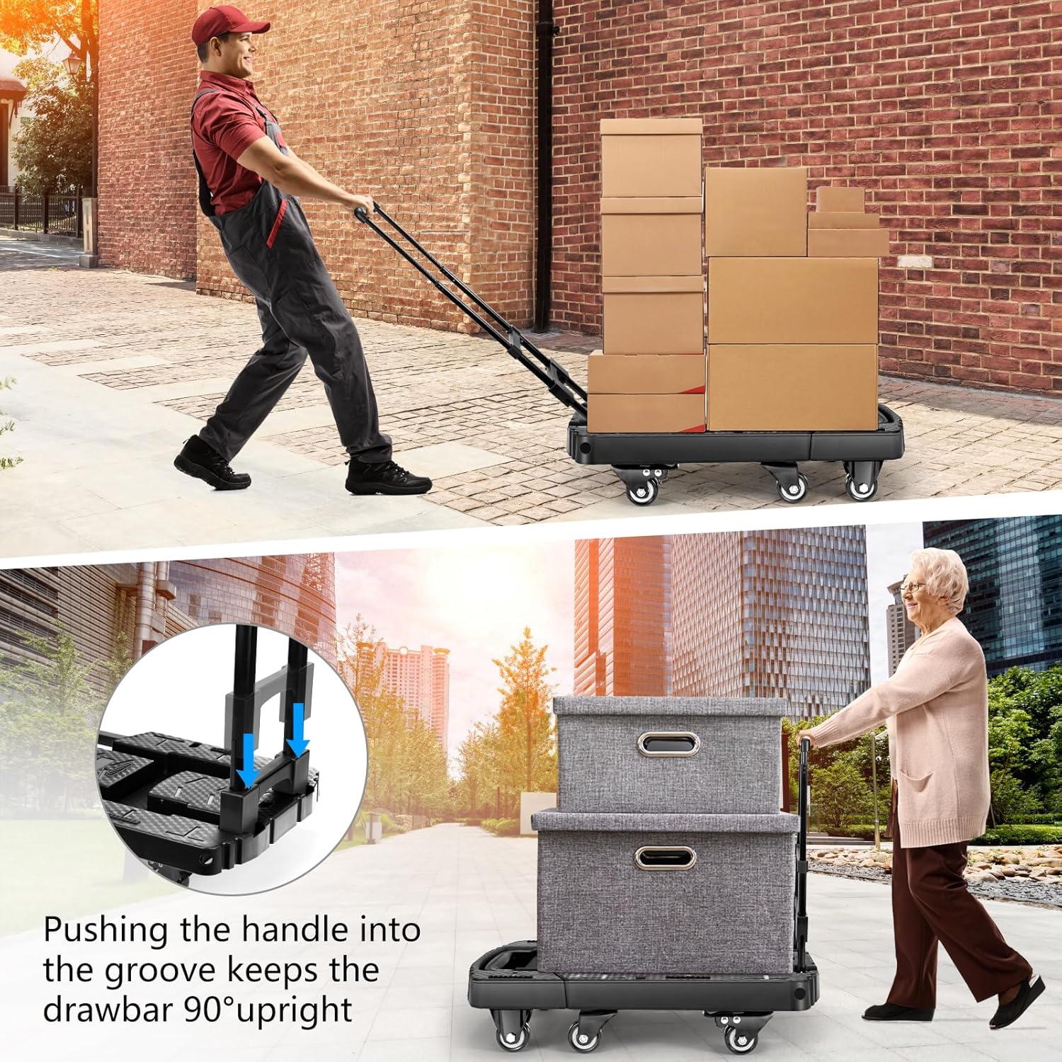 Folding Hand Truck 500lbs, Portable Heavy Duty Dolly Cart, 6 Wheels Collapsible Luggage Cart with 2 Elastic Ropes - Compact Trolley Cart for Easy Moving - Ideal Hand Cart for Travel and More - Image 6